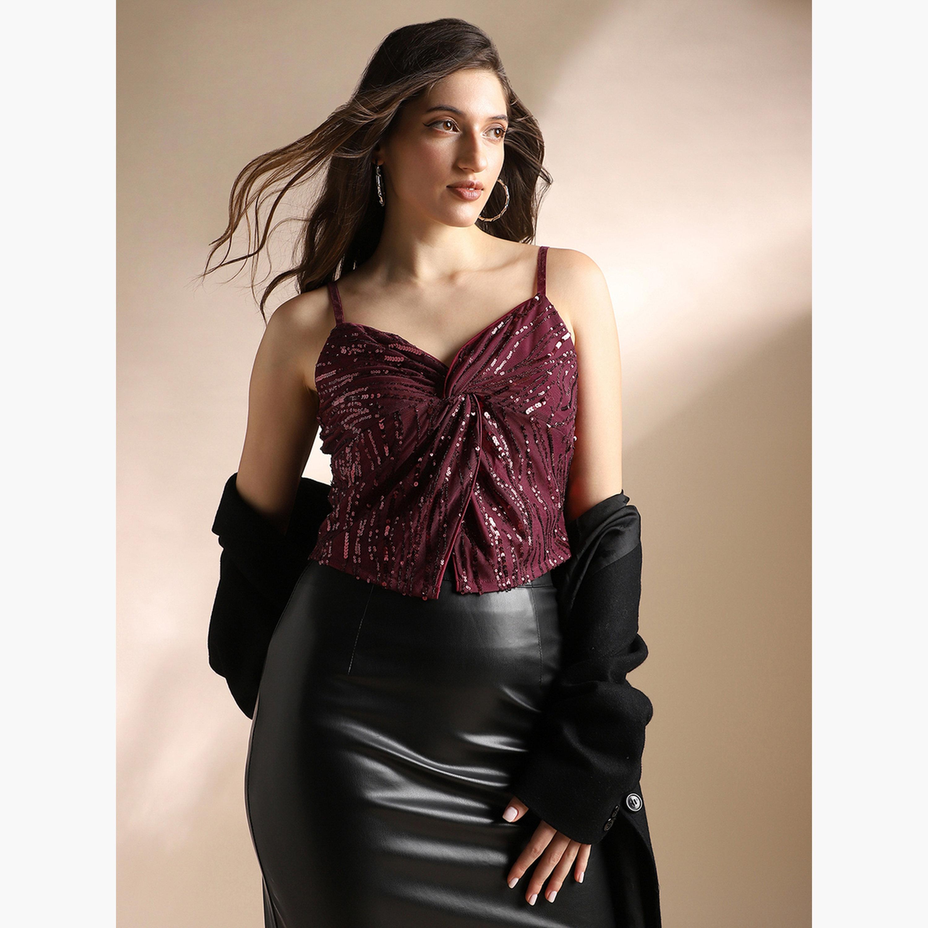 غلوبوص × ستايلي - بلوزة قصيرة نسائية فتحة صدر على شكل قلب وحمالات لون مارون-women-clothing-shirtsandblouses-blouses-image-3