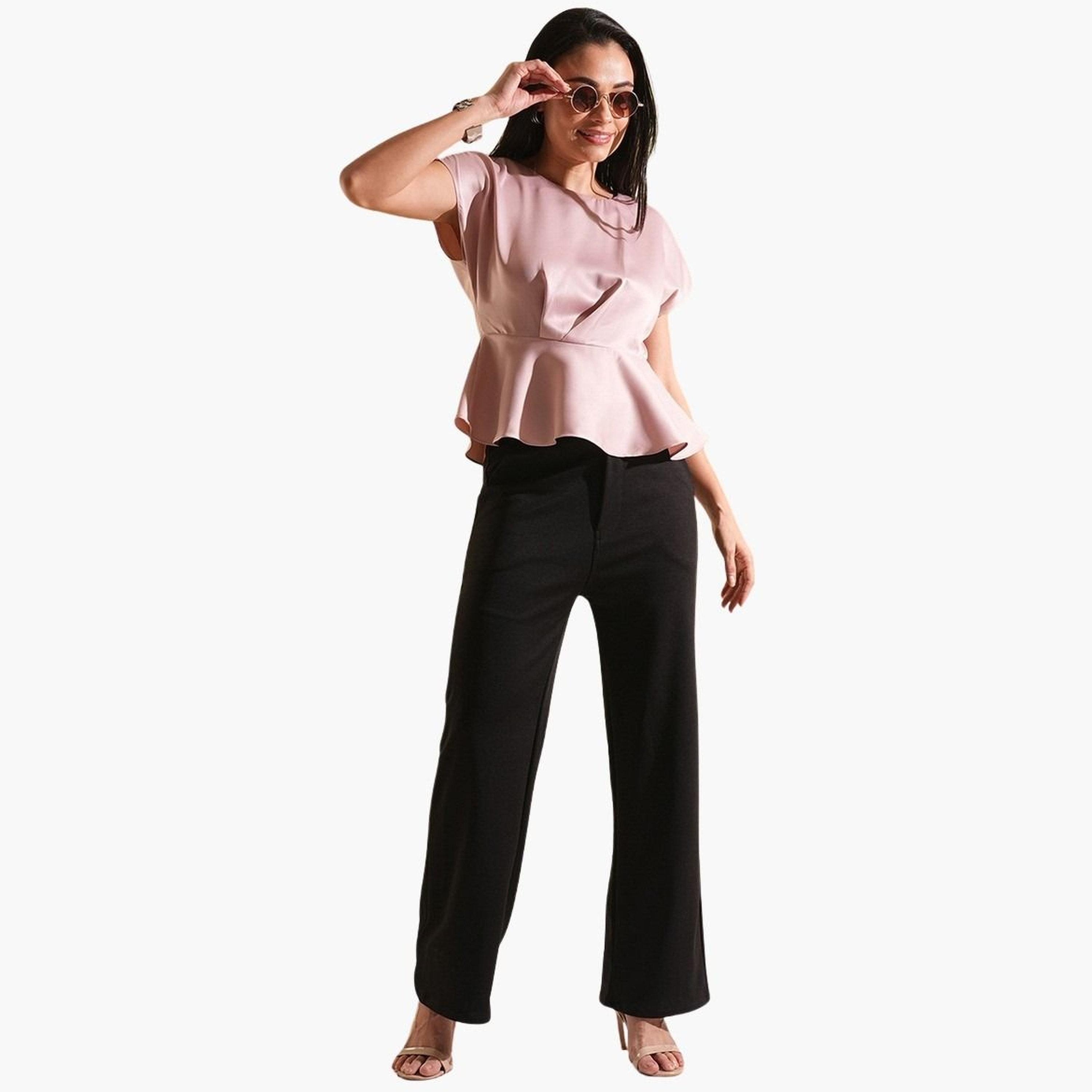 Globus X Styli Women Pink Satin Extended Sleeves Peplum Top-women-clothing-tshirts-image-2