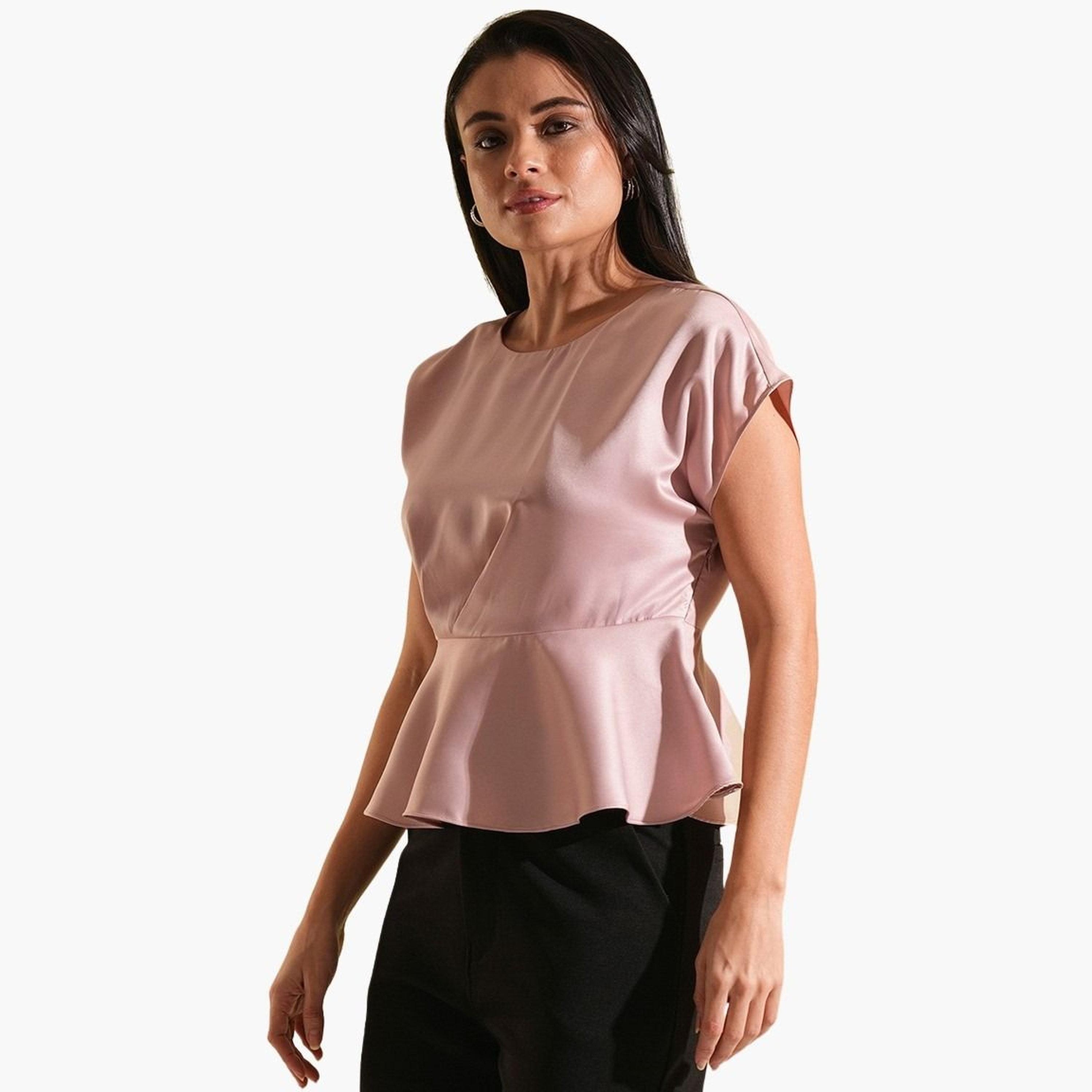 Globus X Styli Women Pink Satin Extended Sleeves Peplum Top-women-clothing-tshirts-image-5