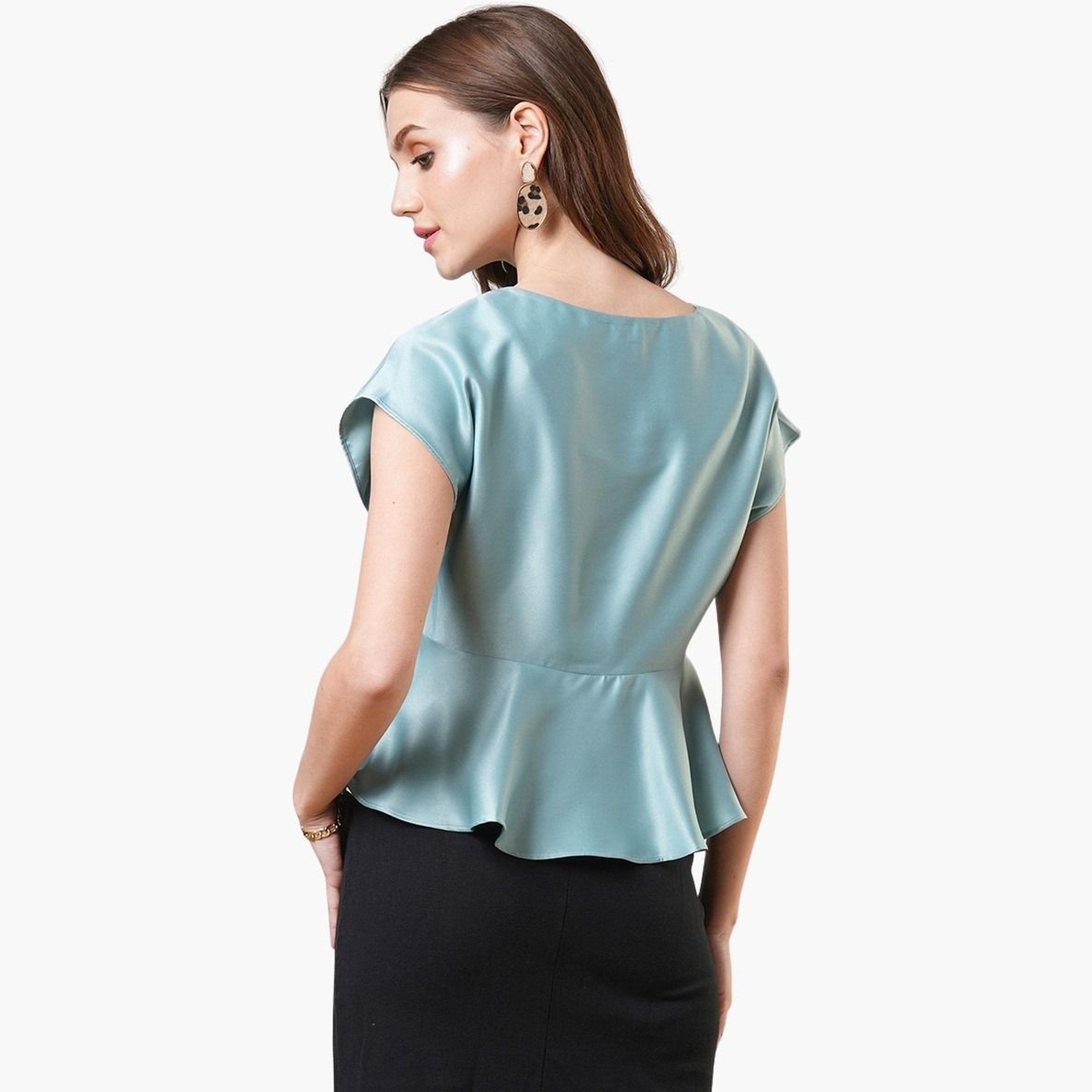 Globus X Styli Women Green Satin Extended Sleeves Peplum Top-women-clothing-tshirts-image-3