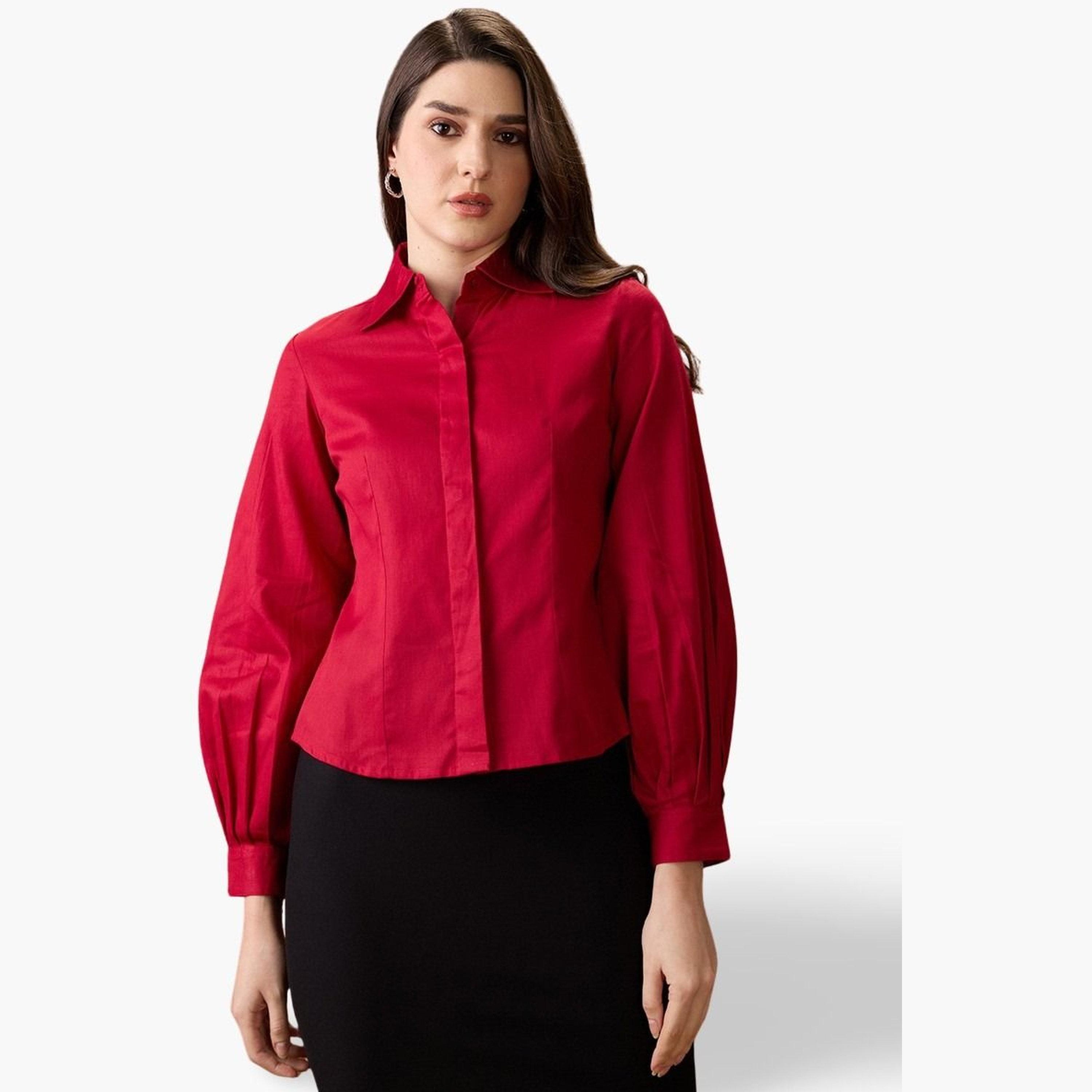 Globus X Styli Maroon Balloon Sleeve Buttoned Shirt-women-clothing-shirtsandblouses-shirts-image-1