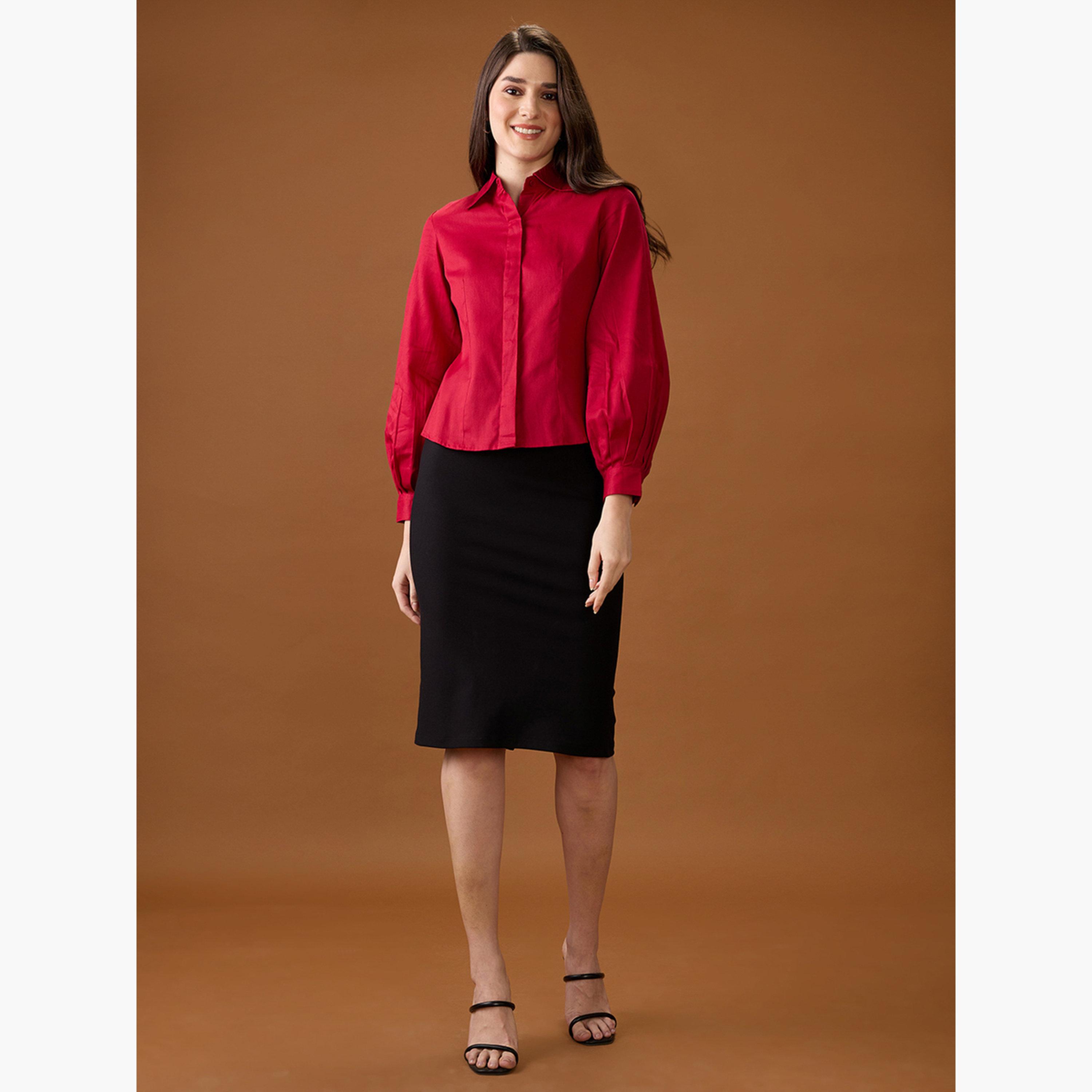 Globus X Styli Maroon Balloon Sleeve Buttoned Shirt-women-clothing-shirtsandblouses-shirts-image-2