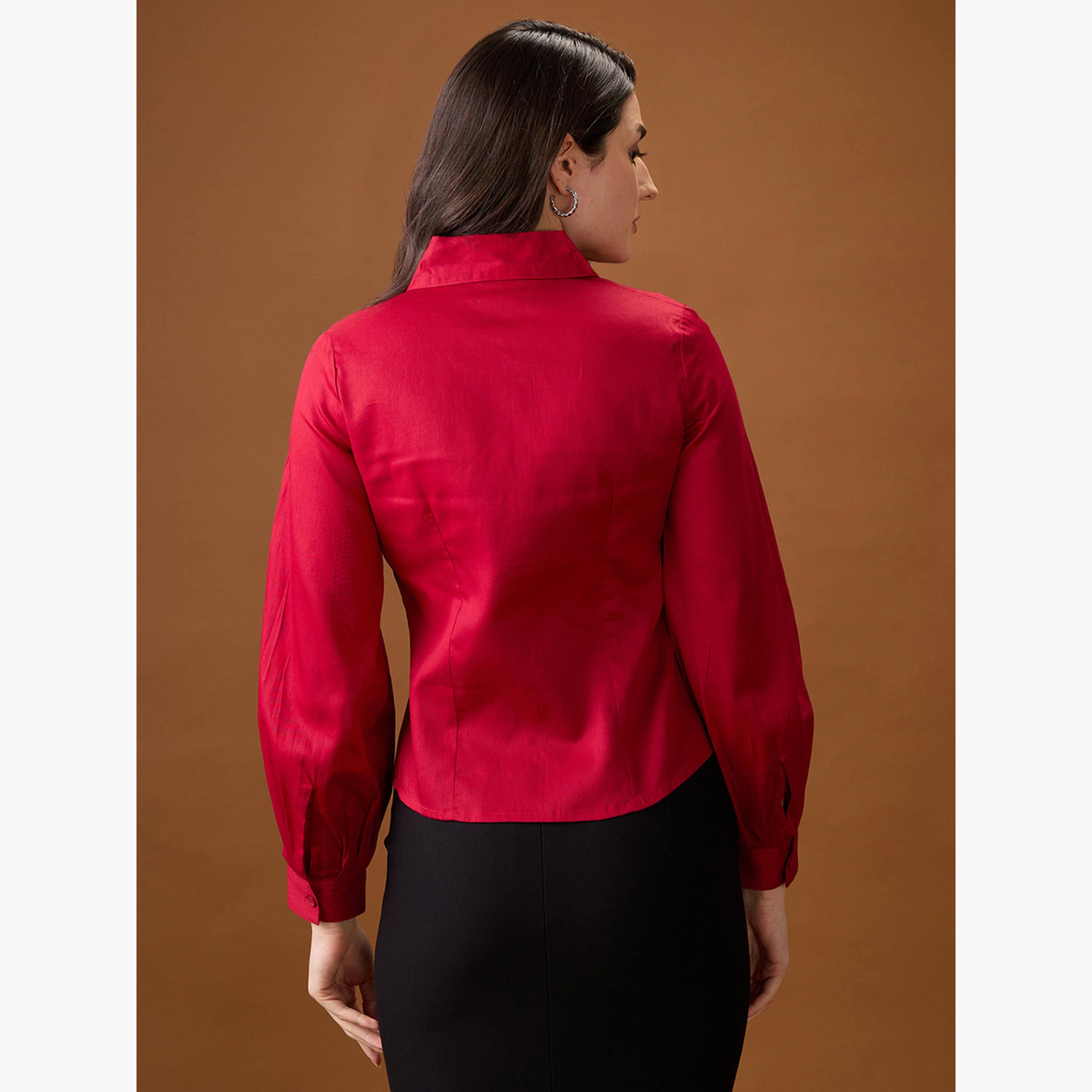 Globus X Styli Maroon Balloon Sleeve Buttoned Shirt-women-clothing-shirtsandblouses-shirts-image-3