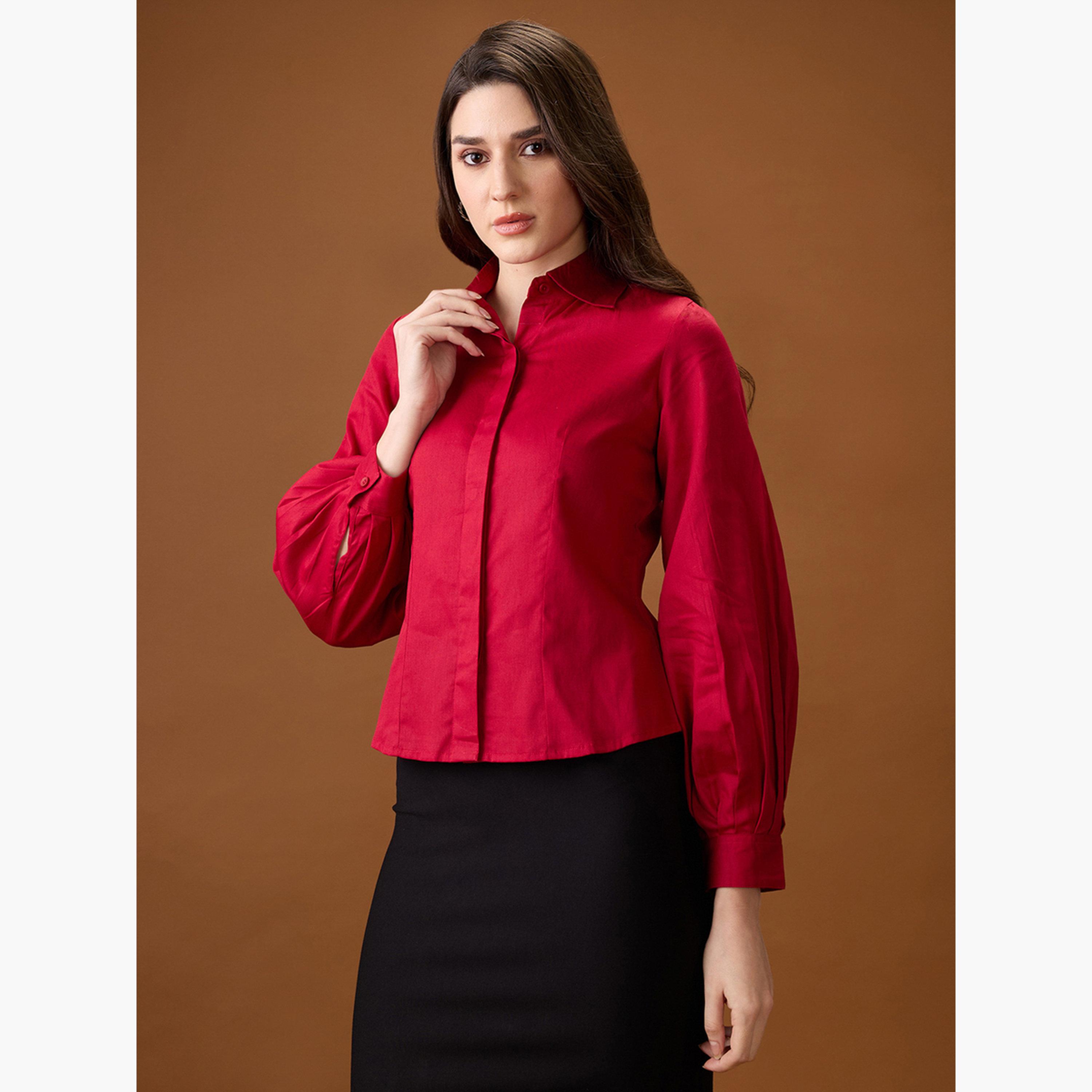 Globus X Styli Maroon Balloon Sleeve Buttoned Shirt-women-clothing-shirtsandblouses-shirts-image-4
