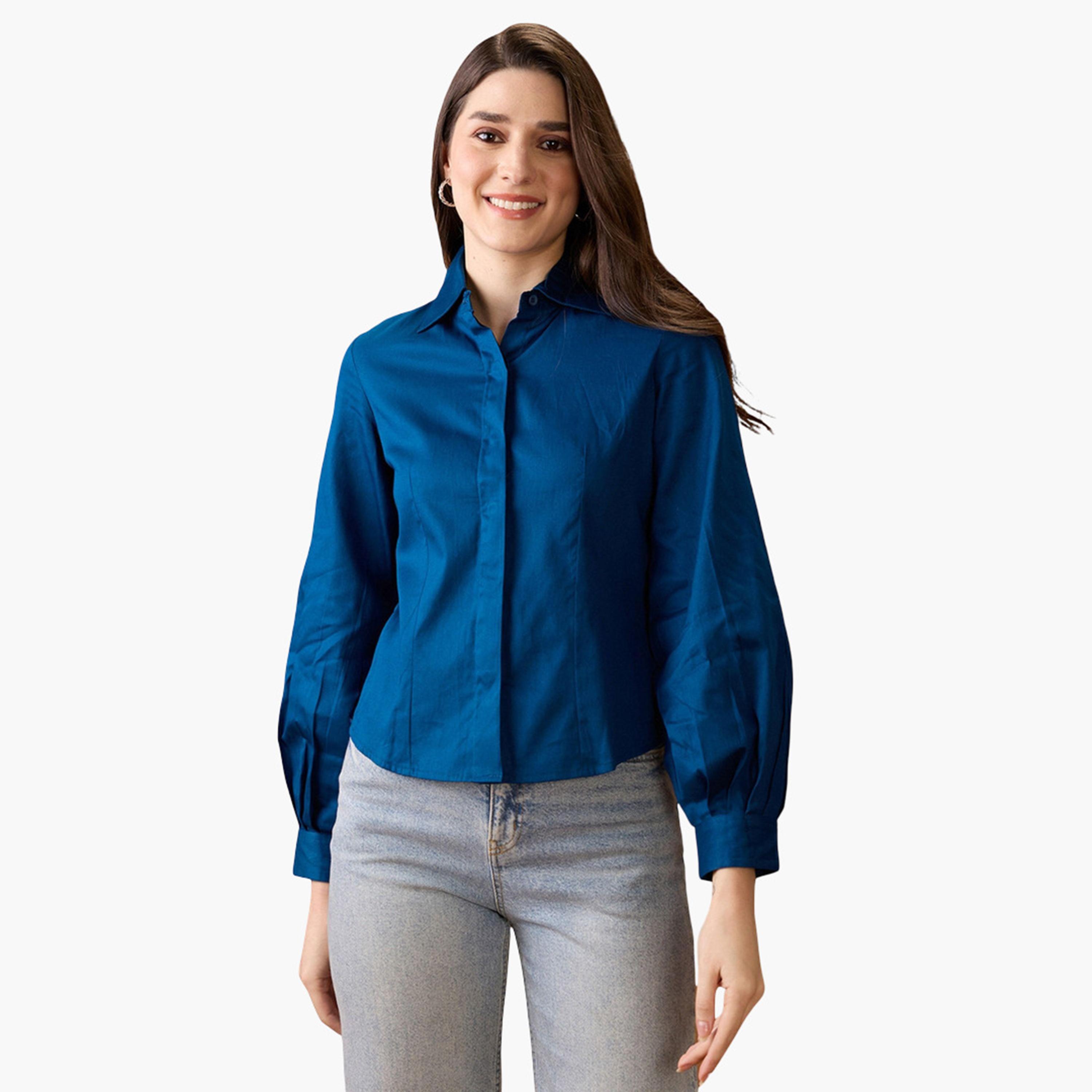 غلوبوص × ستايلي - قميص أزرق داكن بأكمام منفوخة وأزرار-women-clothing-shirtsandblouses-shirts-image-1