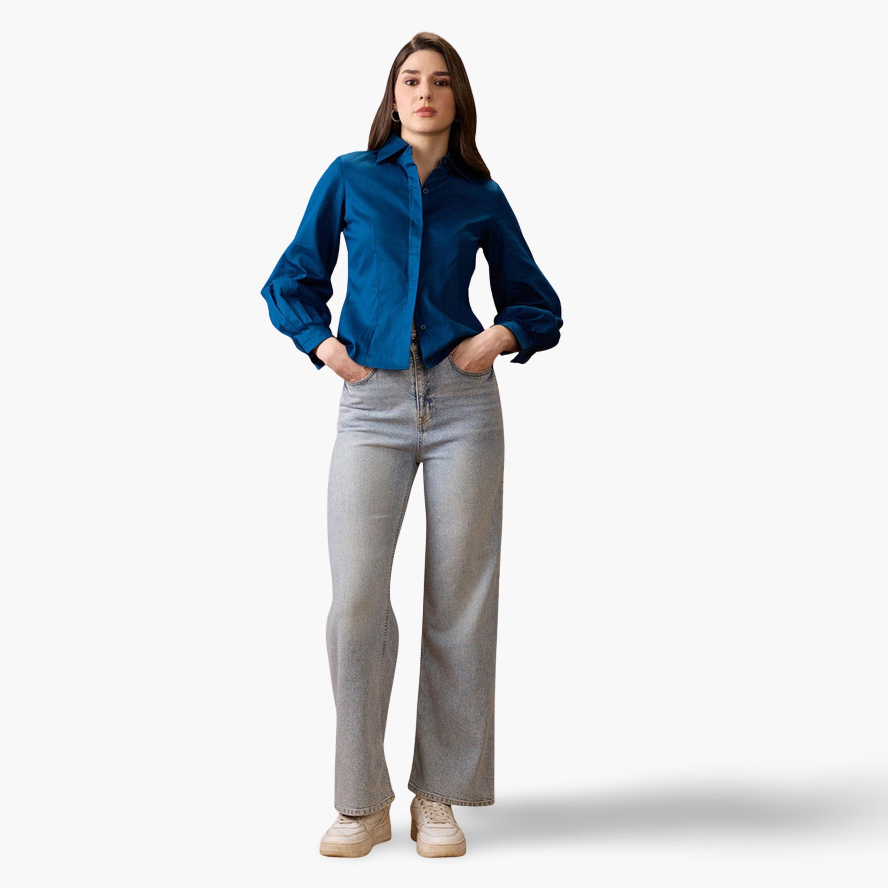 غلوبوص × ستايلي - قميص أزرق داكن بأكمام منفوخة وأزرار-women-clothing-shirtsandblouses-shirts-image-2