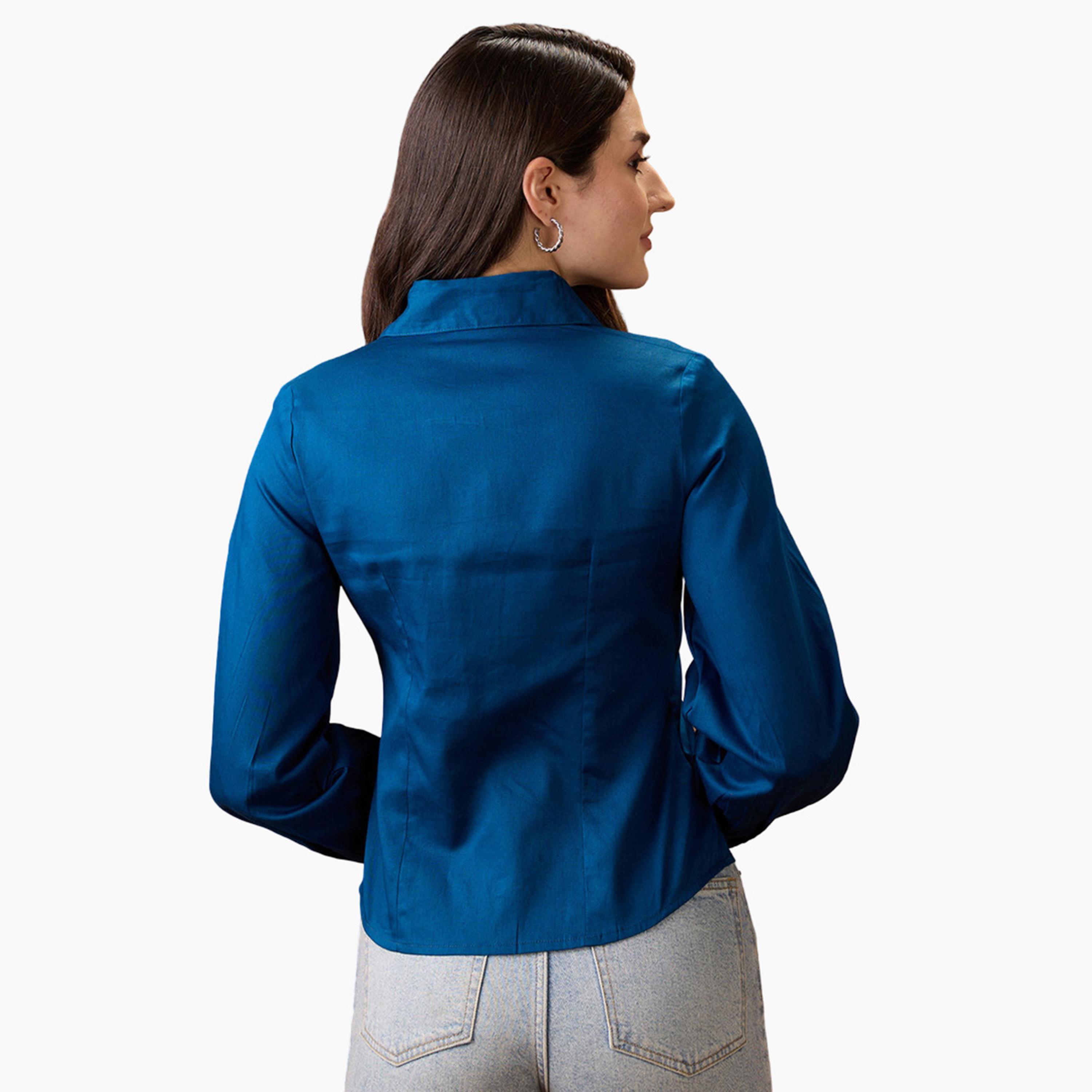 غلوبوص × ستايلي - قميص أزرق داكن بأكمام منفوخة وأزرار-women-clothing-shirtsandblouses-shirts-image-3