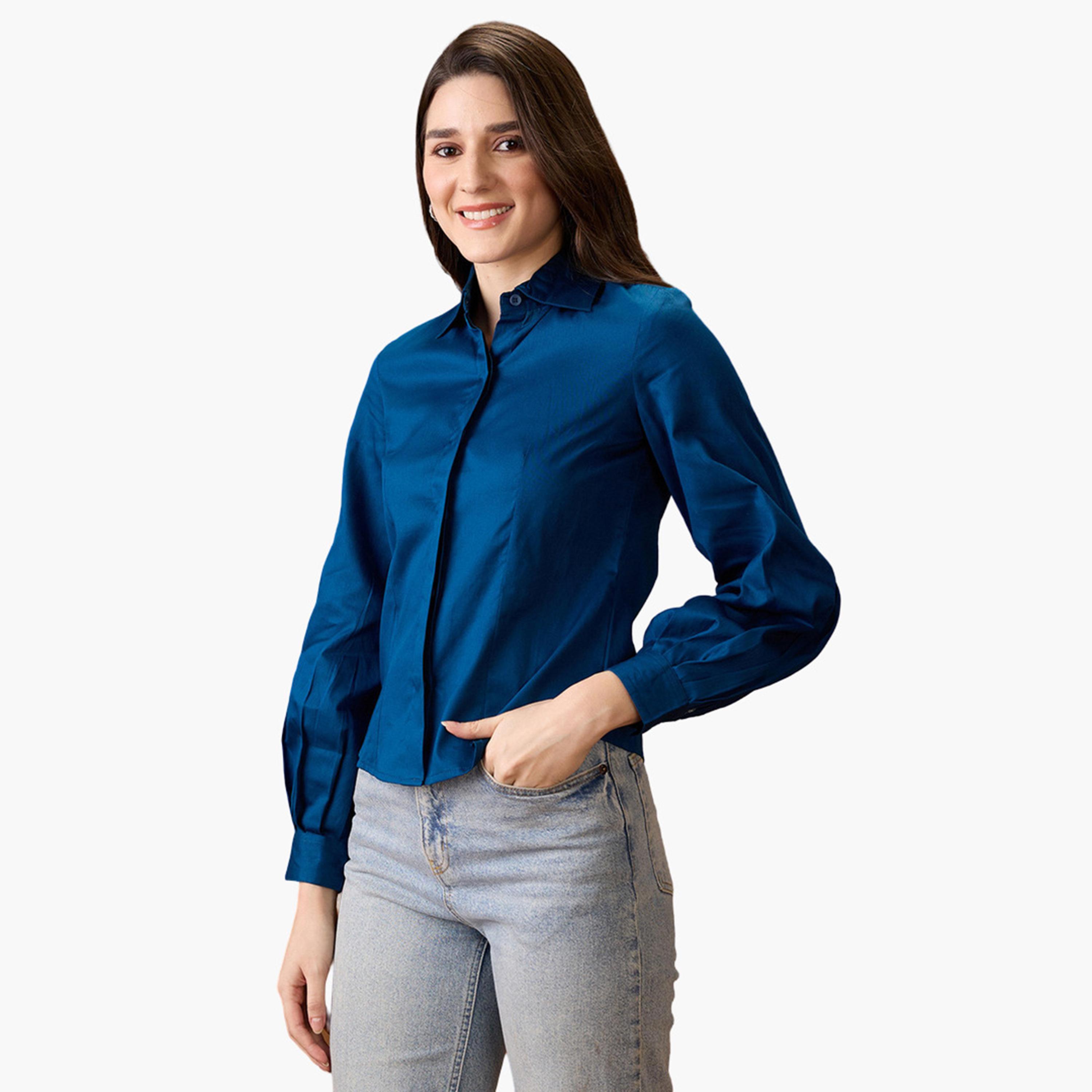 غلوبوص × ستايلي - قميص أزرق داكن بأكمام منفوخة وأزرار-women-clothing-shirtsandblouses-shirts-image-4