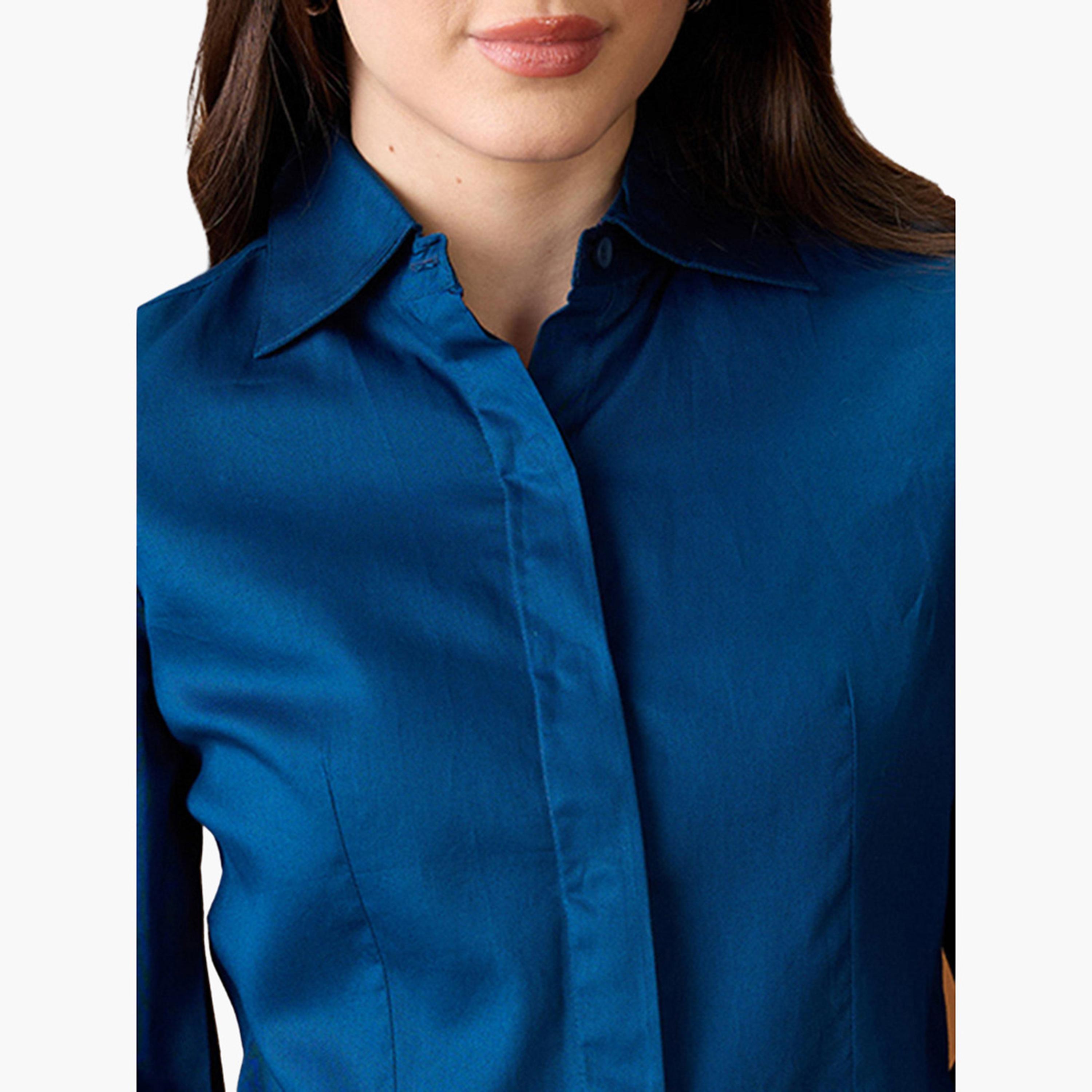 غلوبوص × ستايلي - قميص أزرق داكن بأكمام منفوخة وأزرار-women-clothing-shirtsandblouses-shirts-image-5