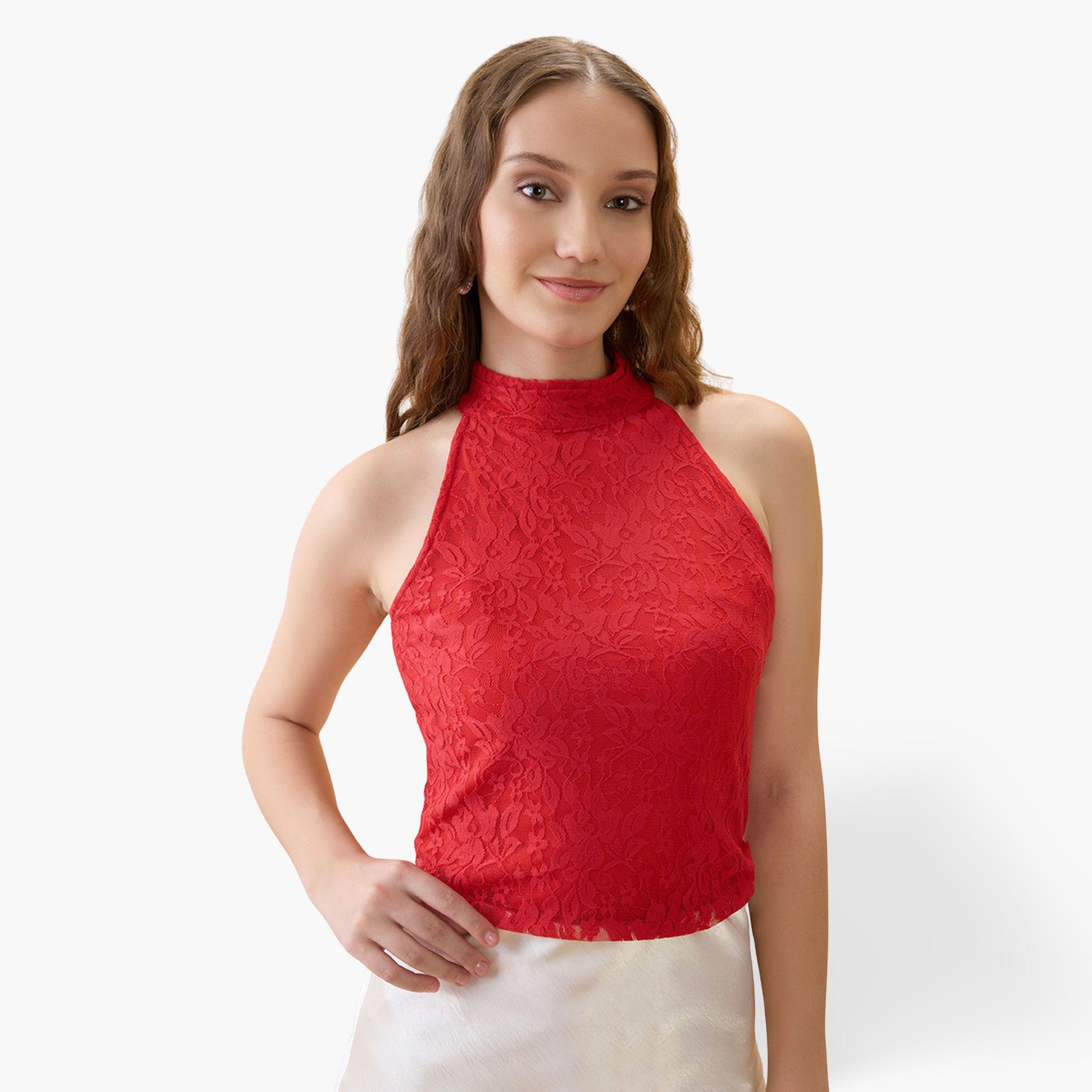 غلوبوص × ستايلي - بلوزة نسائية بدون أكمام من الدانتيل باللون الأحمر-women-clothing-shirtsandblouses-blouses-image-1