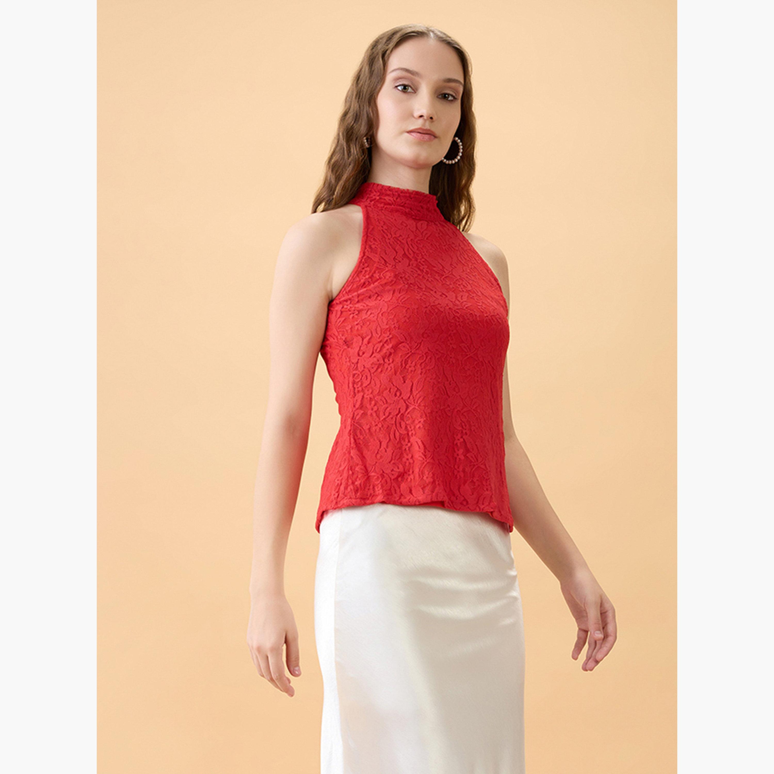 غلوبوص × ستايلي - بلوزة نسائية بدون أكمام من الدانتيل باللون الأحمر-women-clothing-shirtsandblouses-blouses-image-2