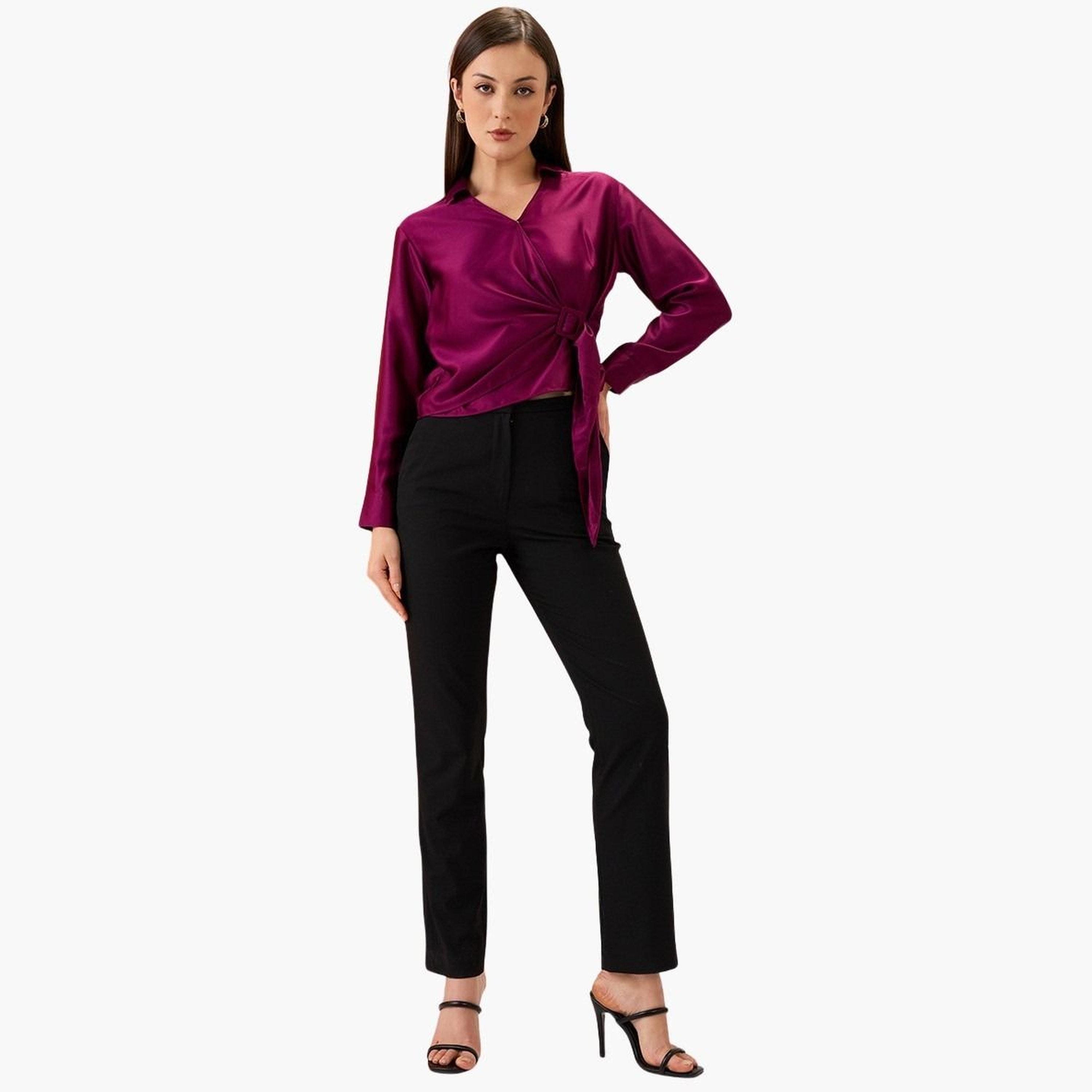 Globus X Styli Women Solid Shirt Collar Twisted Buckle Detail Top-women-clothing-shirtsandblouses-shirts-image-2