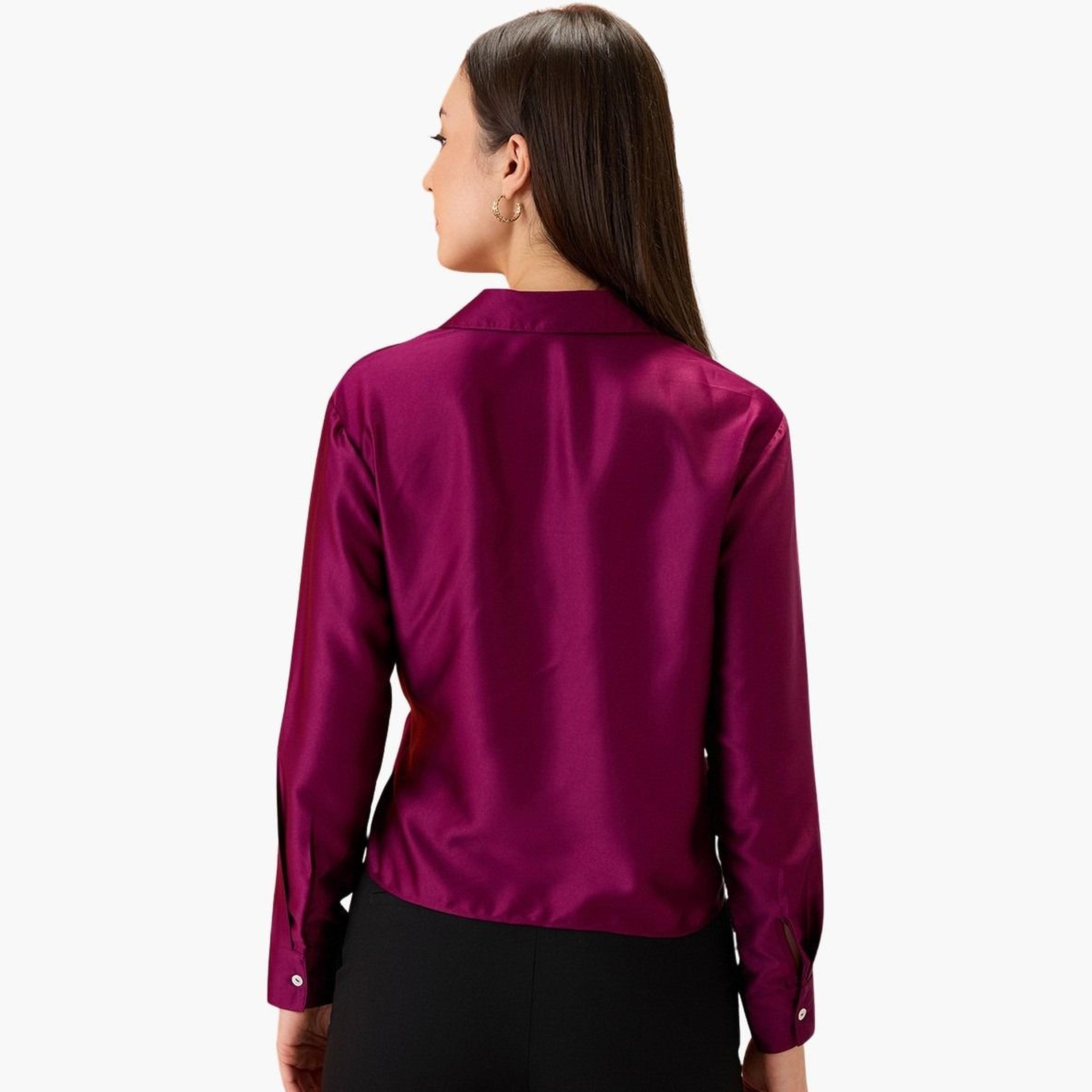 غلوبوس × ستايلي - قميص سادة بياقة قميص وتفاصيل مشبك ملتوي للنساء-women-clothing-shirtsandblouses-shirts-image-3