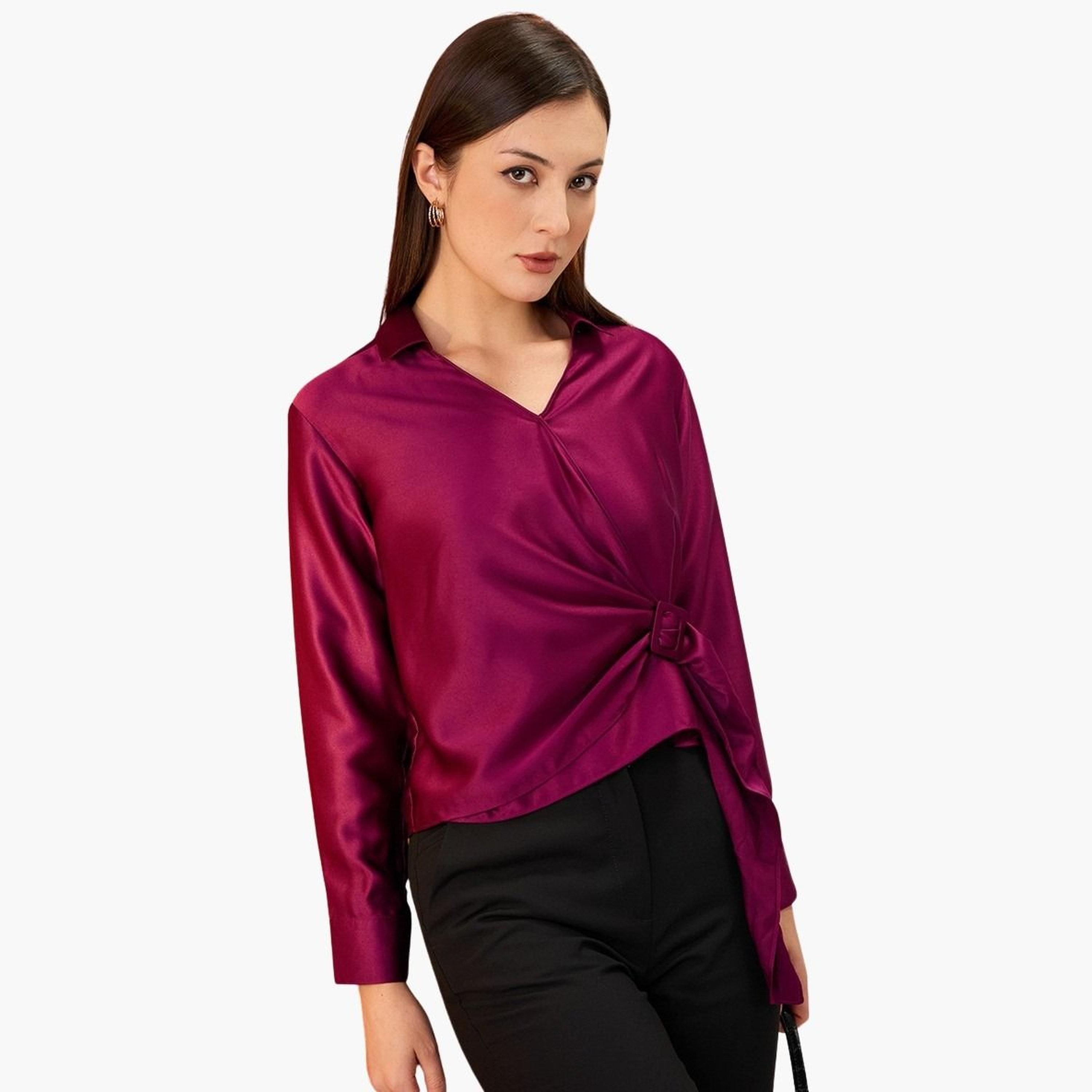 Globus X Styli Women Solid Shirt Collar Twisted Buckle Detail Top-women-clothing-shirtsandblouses-shirts-image-5