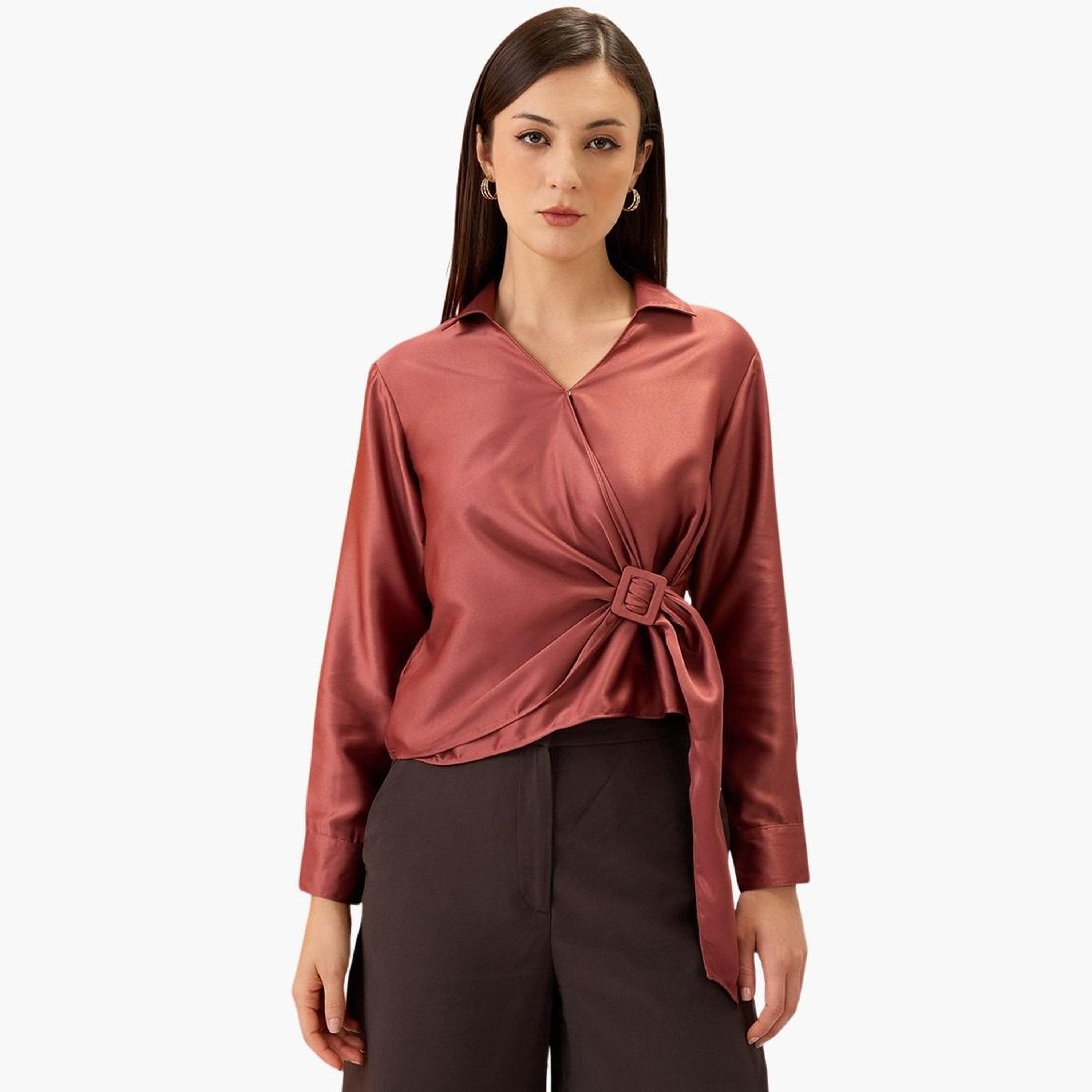 Globus X Styli Women Solid Shirt Collar Twisted Buckle Detail Top-women-clothing-shirtsandblouses-shirts-image-1