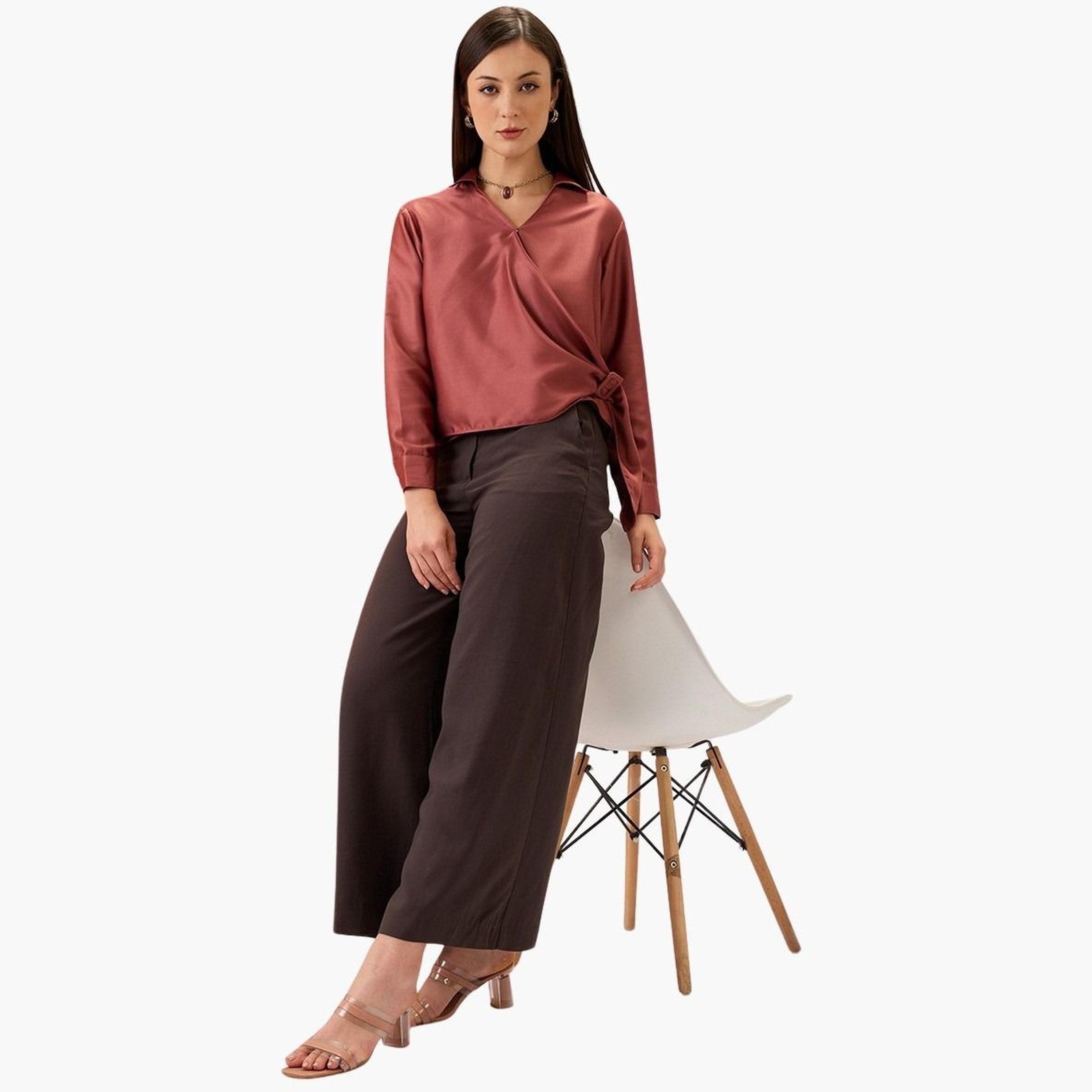 Globus X Styli Women Solid Shirt Collar Twisted Buckle Detail Top-women-clothing-shirtsandblouses-shirts-image-2