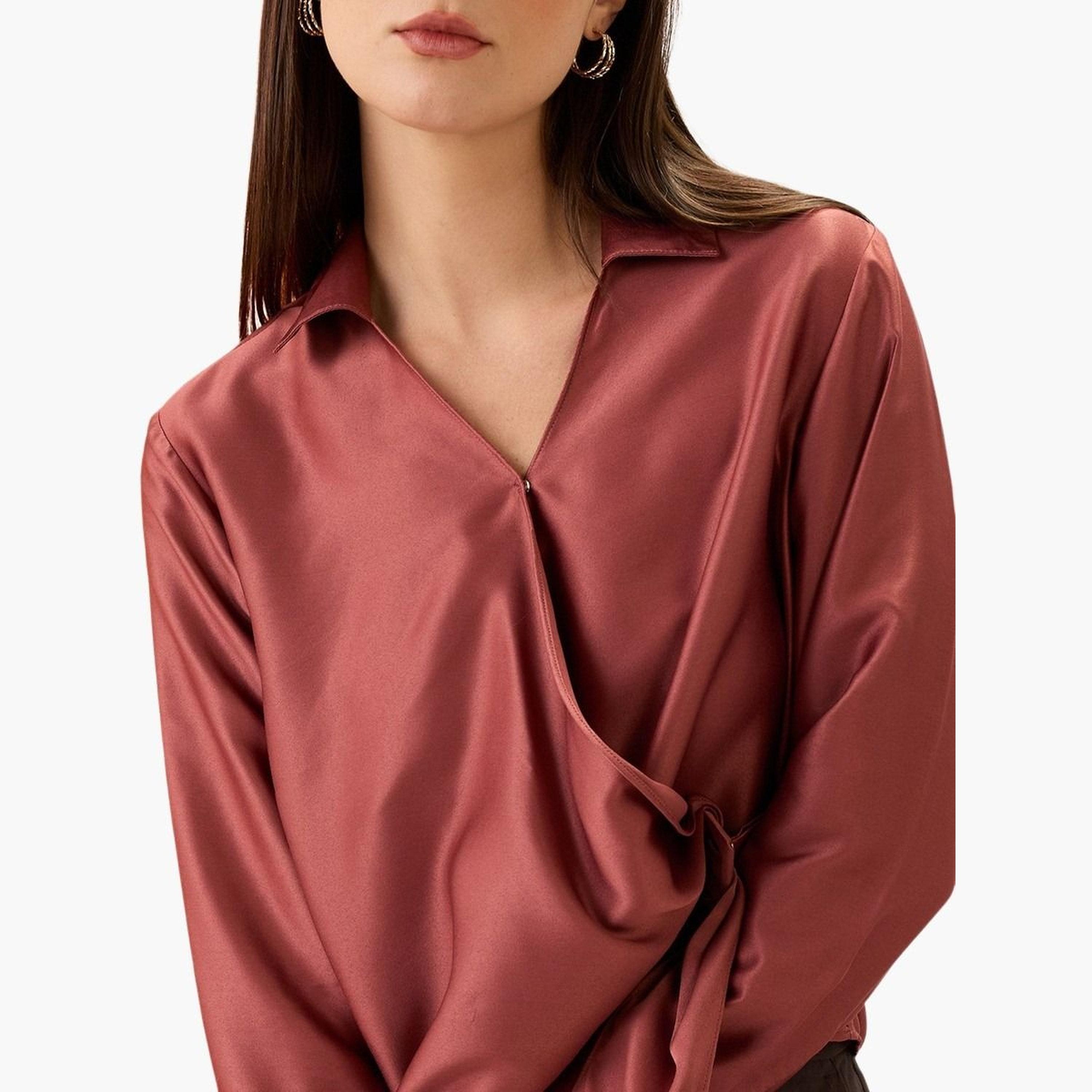 غلوبوس × ستايلي - قميص سادة بياقة قميص وتفاصيل مشبك ملتوي للنساء-women-clothing-shirtsandblouses-shirts-image-4