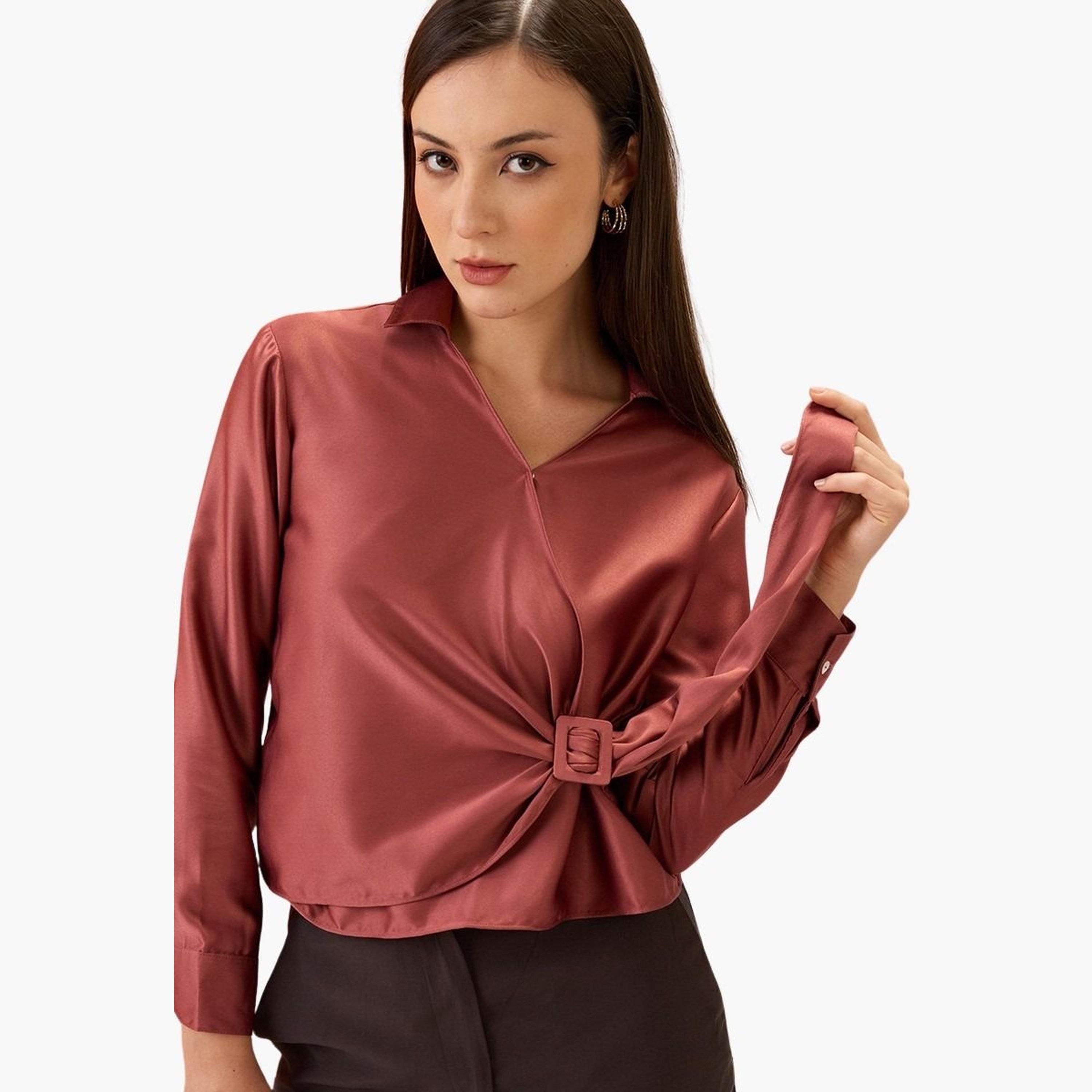Globus X Styli Women Solid Shirt Collar Twisted Buckle Detail Top-women-clothing-shirtsandblouses-shirts-image-5