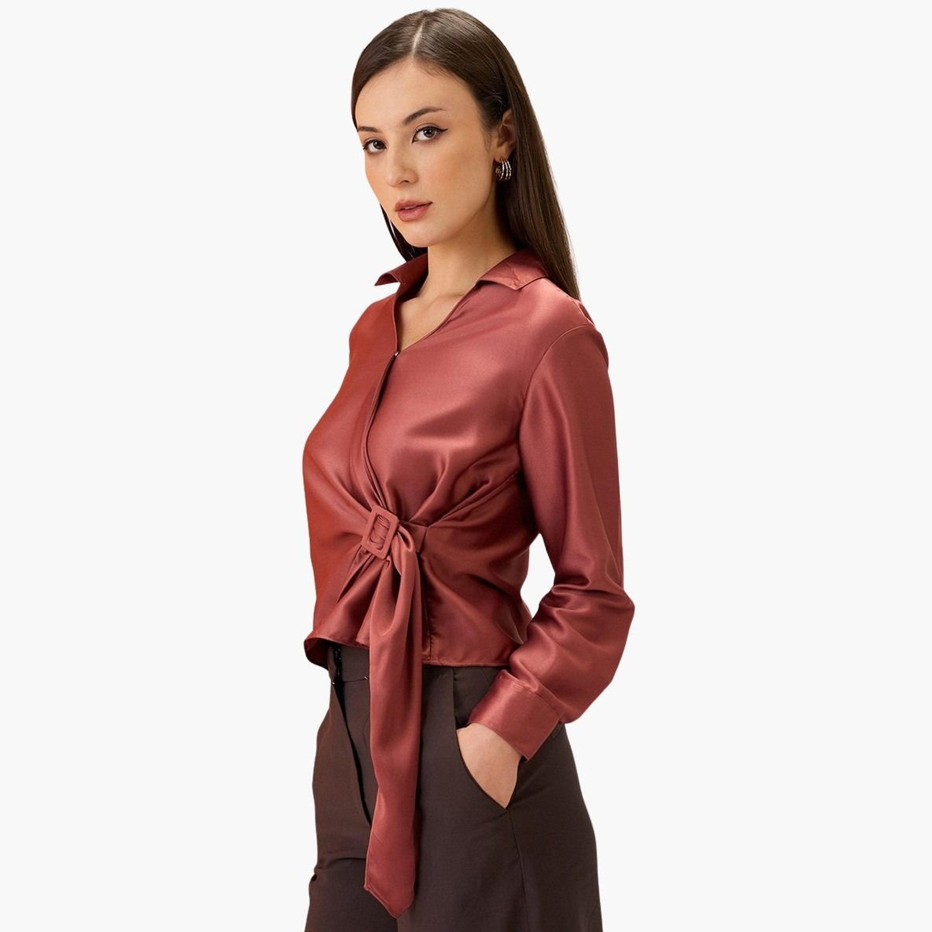 Globus X Styli Women Solid Shirt Collar Twisted Buckle Detail Top-women-clothing-shirtsandblouses-shirts-image-6