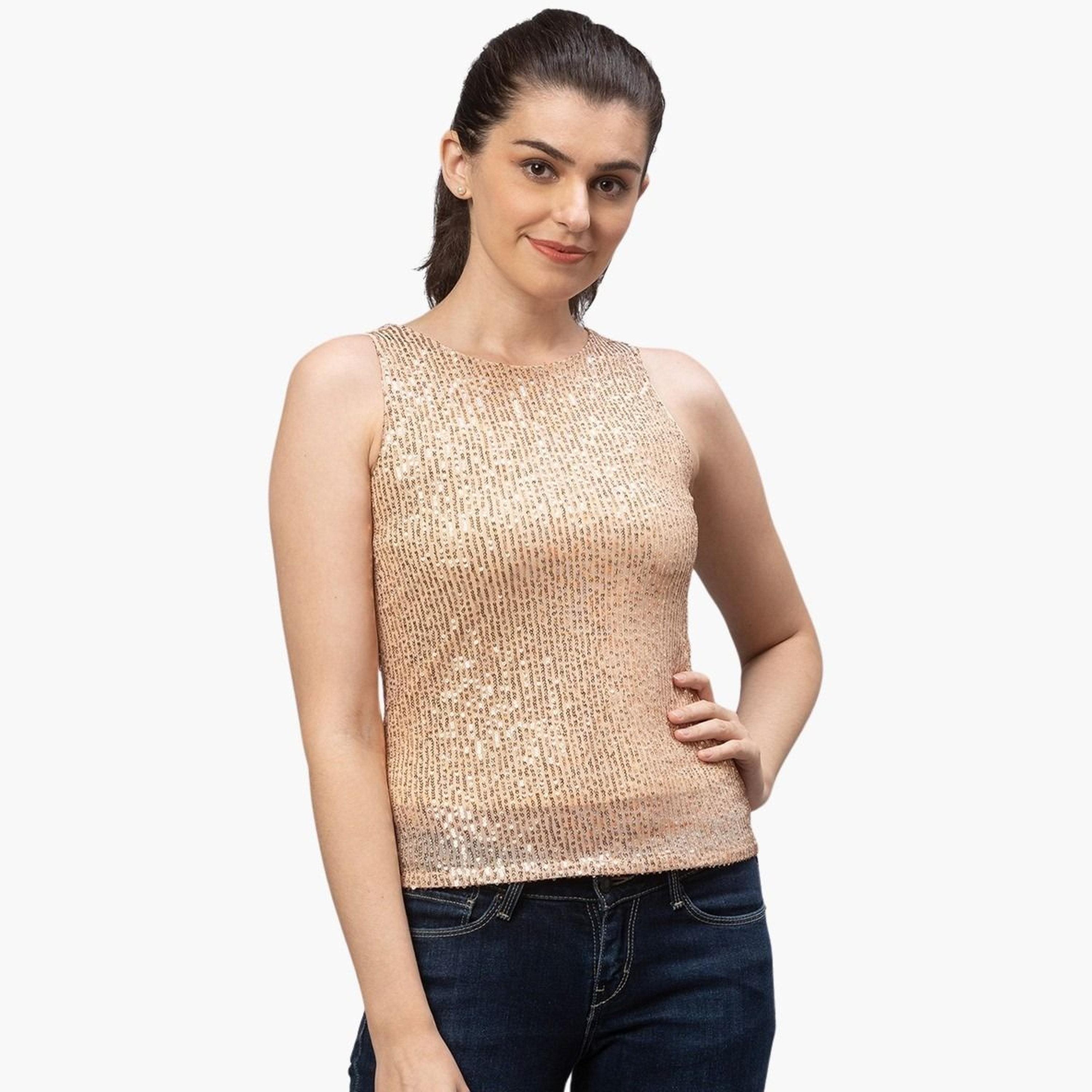 غلوبوس × ستايلي - بلوزة ذهبية مزينة برقبة دائرية للنساء-women-clothing-tshirts-image-1