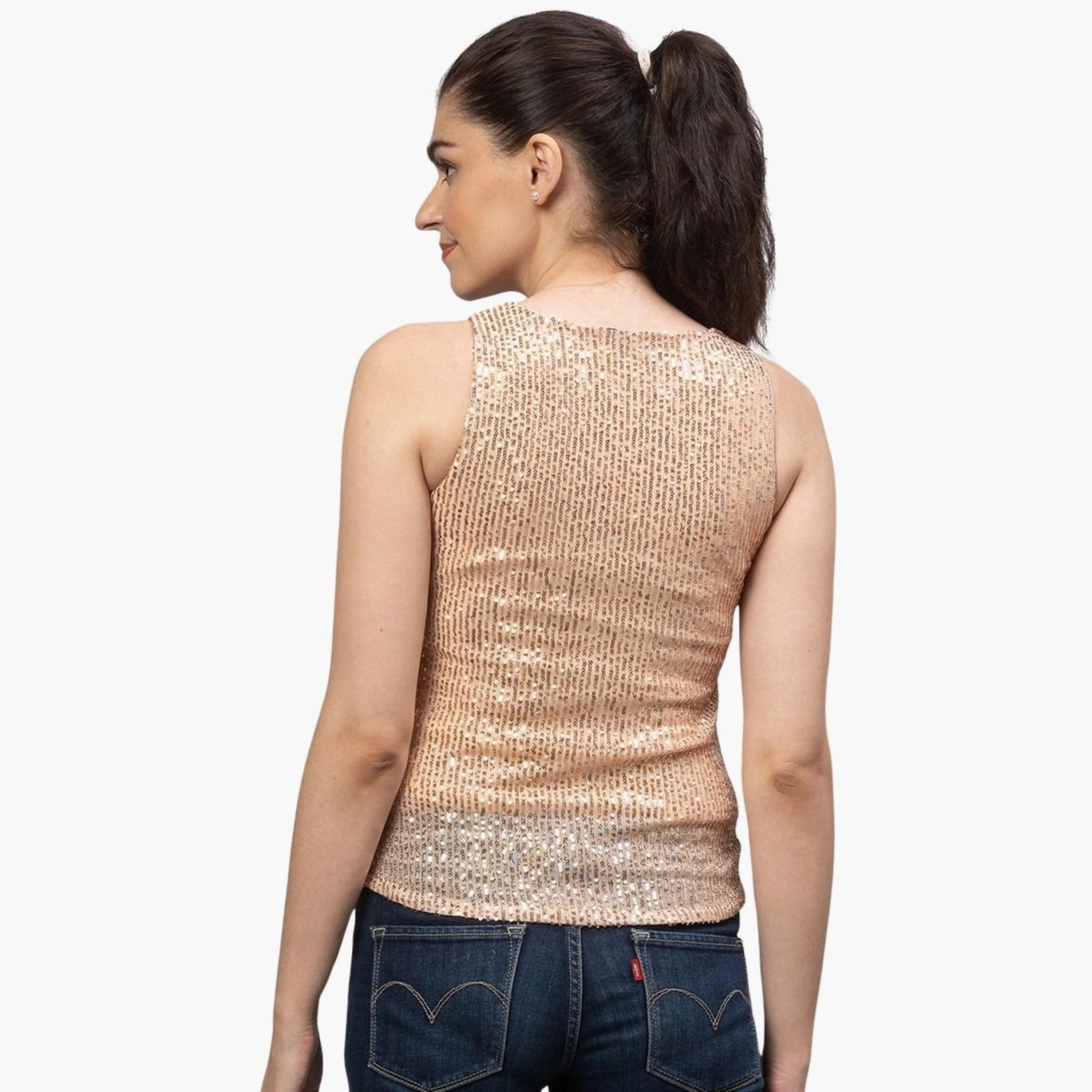 غلوبوس × ستايلي - بلوزة ذهبية مزينة برقبة دائرية للنساء-women-clothing-tshirts-image-3