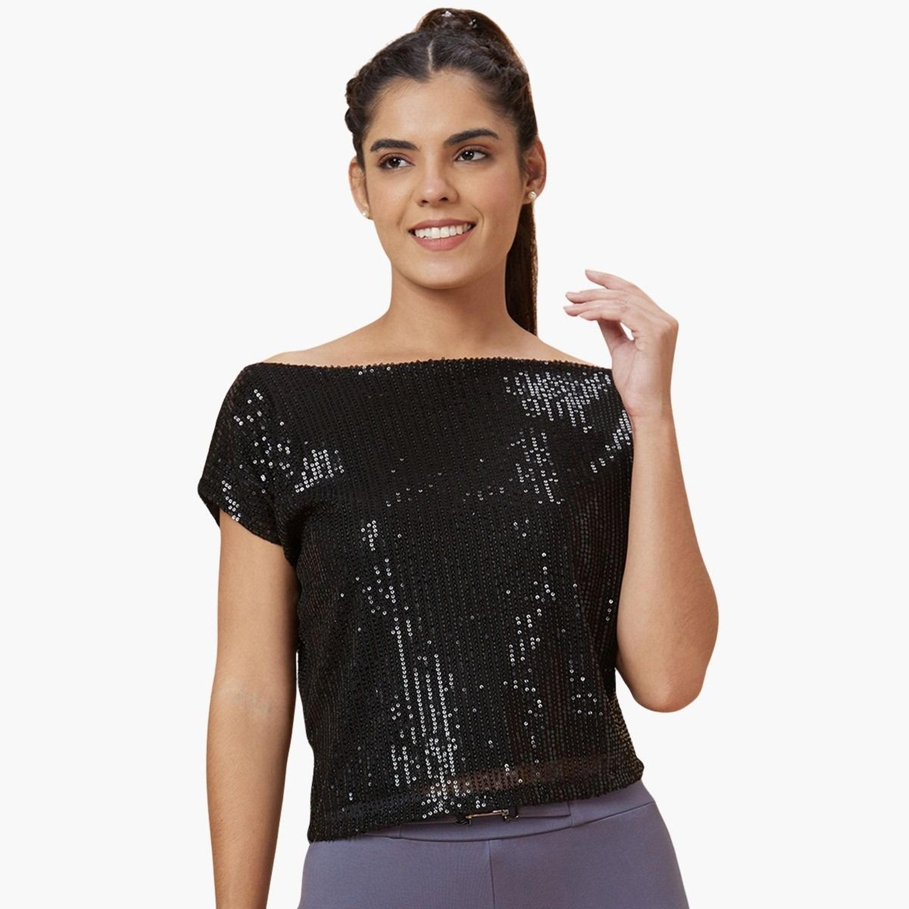 Globus X Styli Women Black Embellished Top-women-clothing-tshirts-image-1