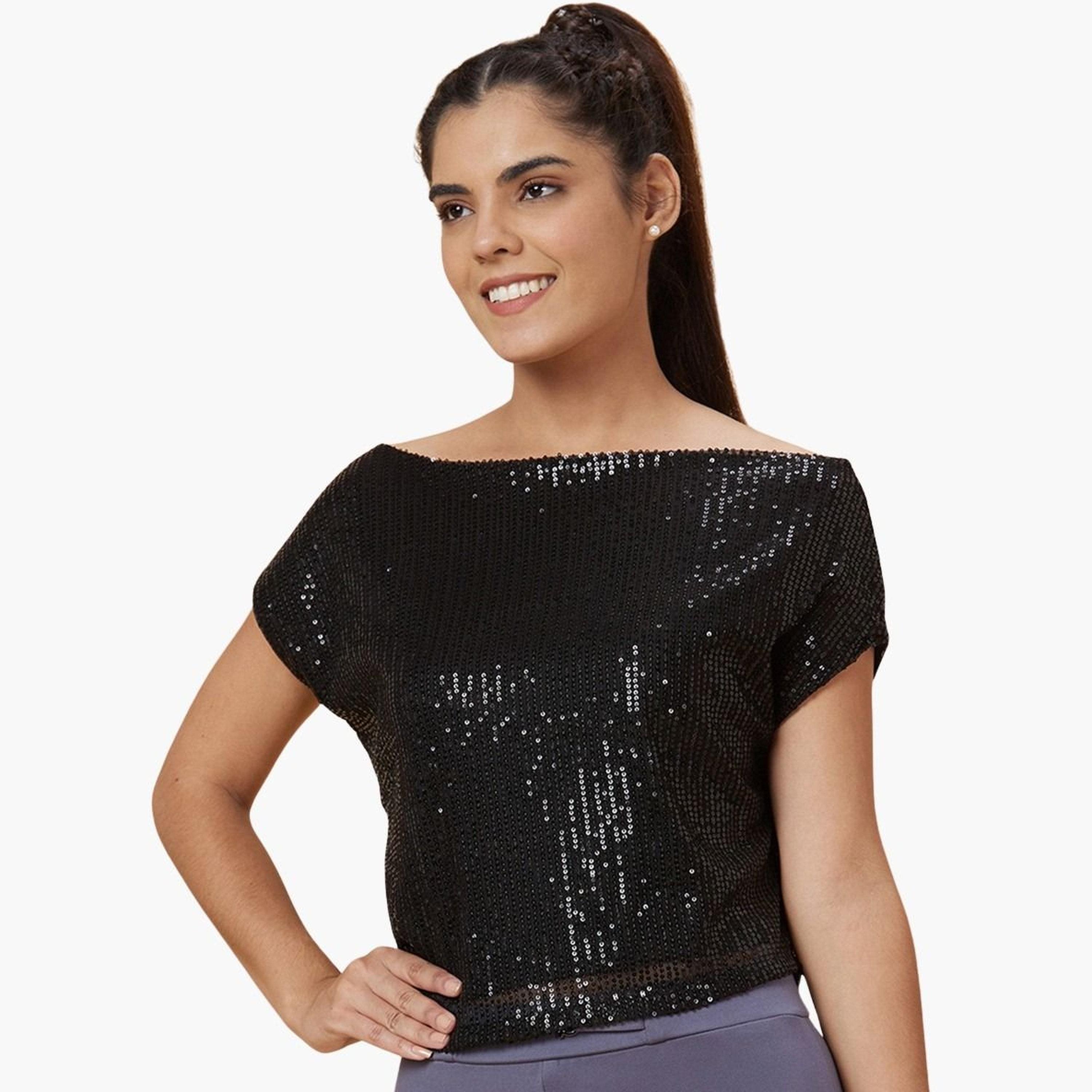 Globus X Styli Women Black Embellished Top-women-clothing-tshirts-image-4