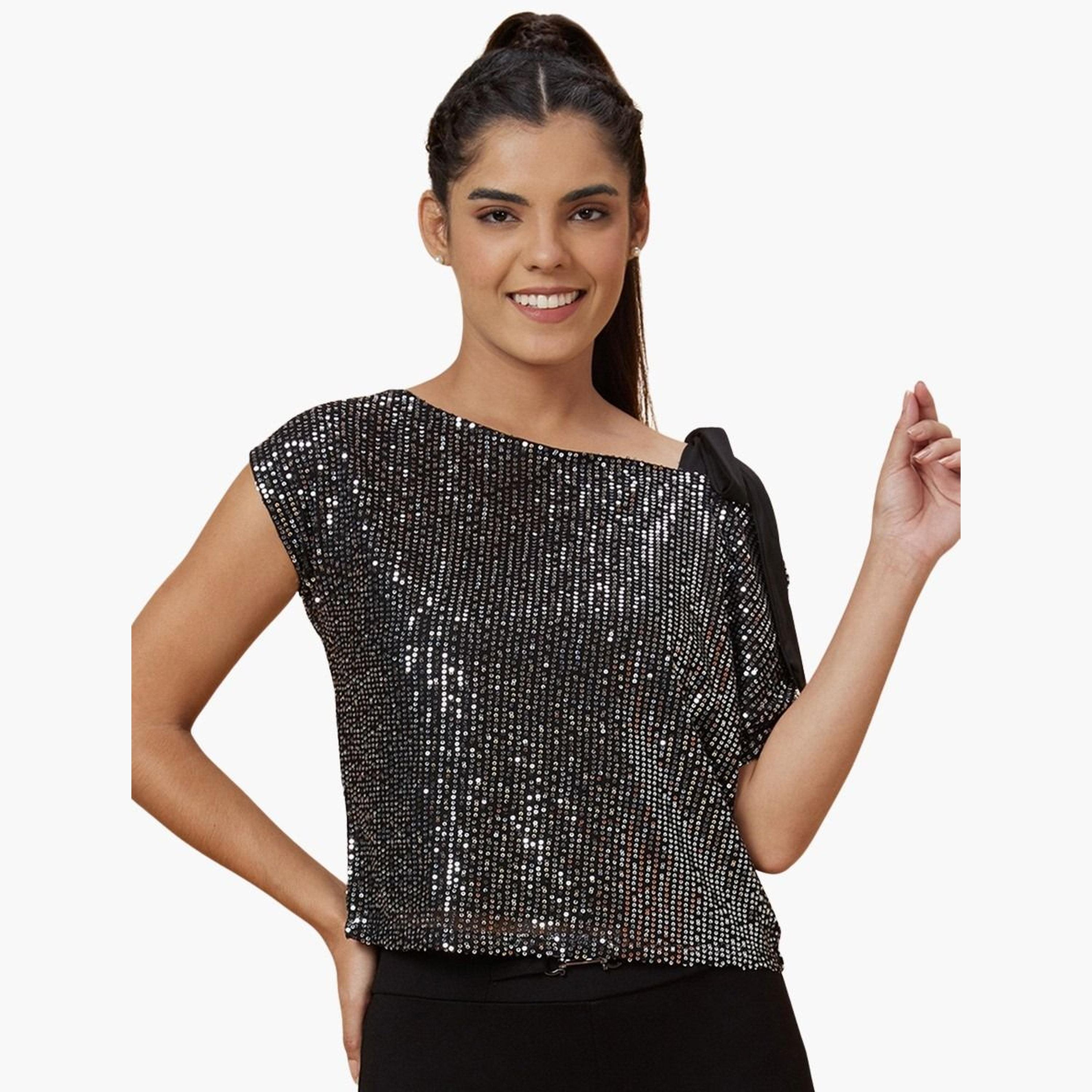 Globus X Styli Women Black Embellished Top-women-clothing-tshirts-image-1