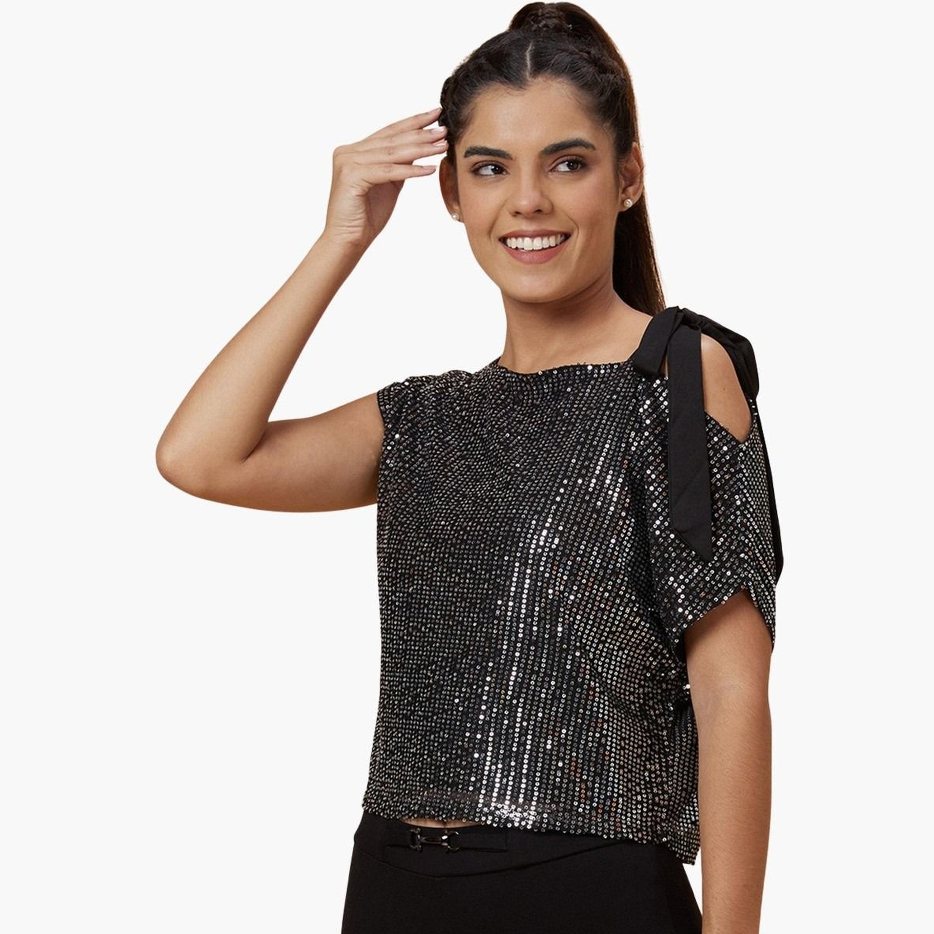 Globus X Styli Women Black Embellished Top-women-clothing-tshirts-image-4