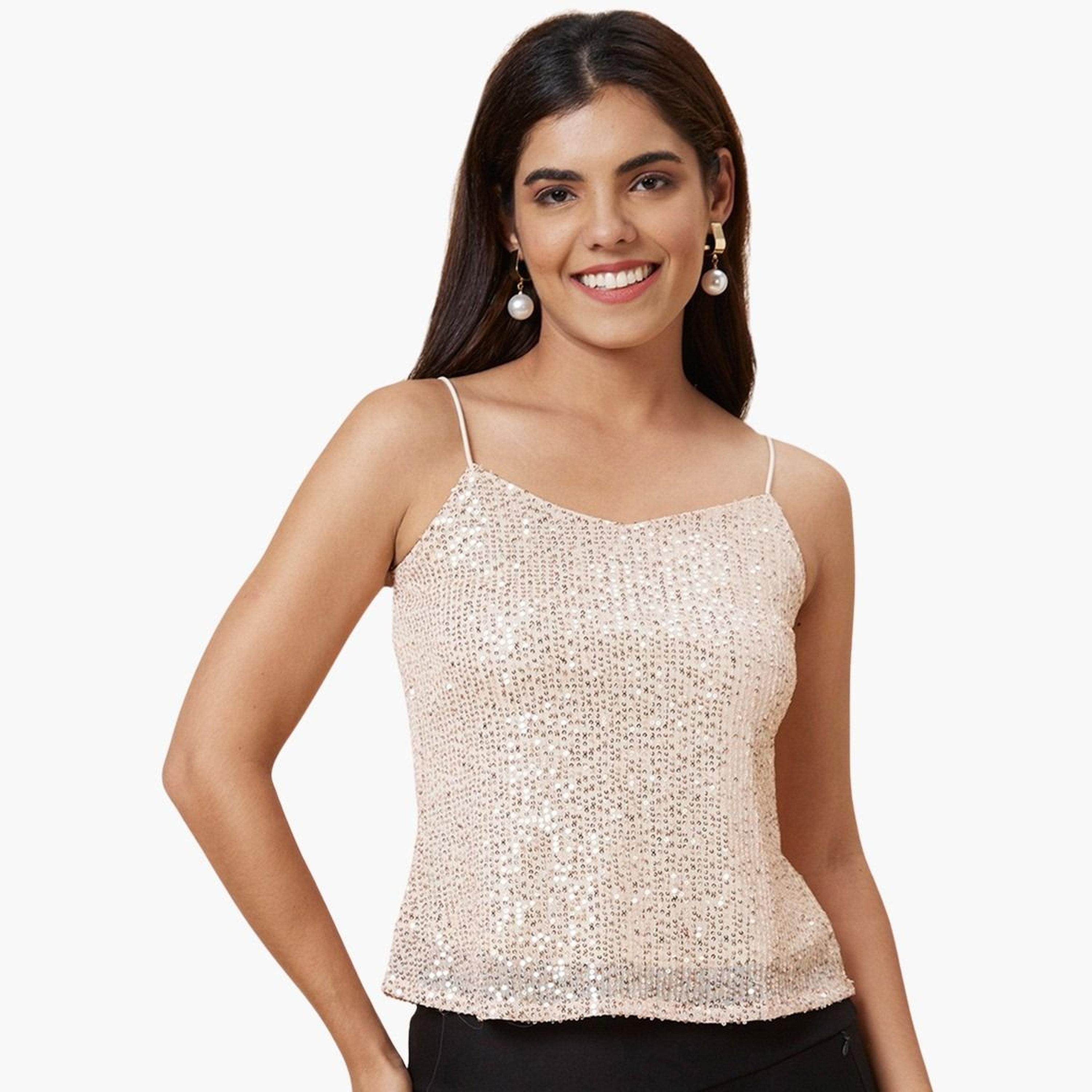 Globus X Styli Women Cream Embellished Strappy Top-women-clothing-tshirts-image-1