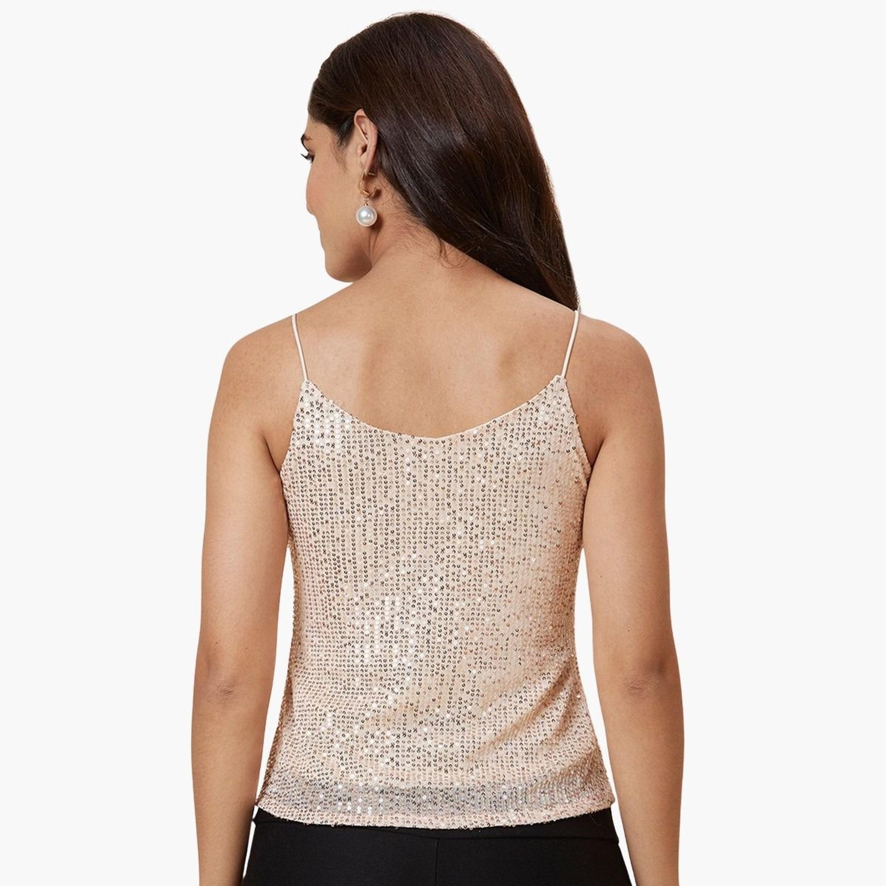 غلوبوس × ستايلي - بلوزة بحمالات مزينة باللون الكريمي للنساء-women-clothing-tshirts-image-3