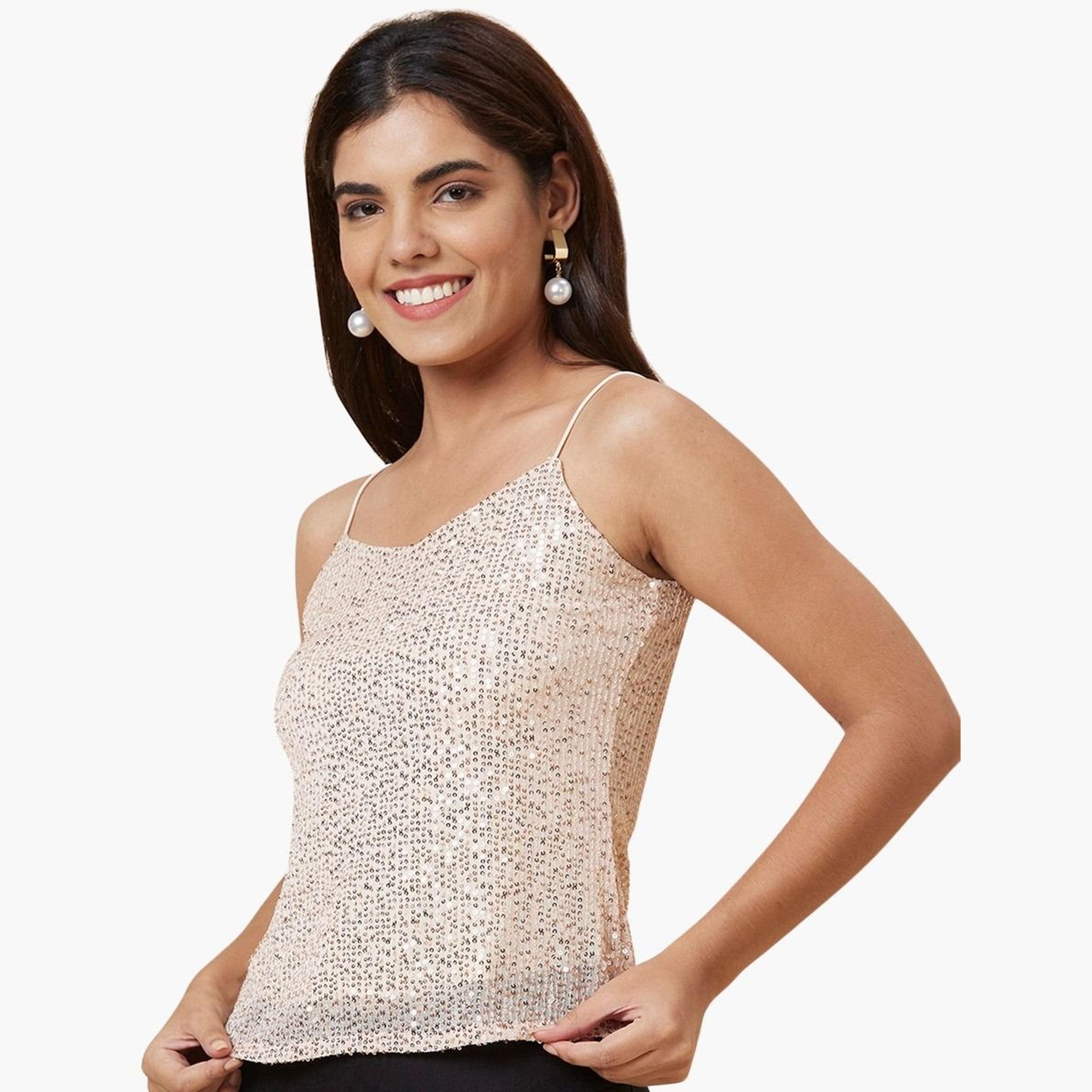 Globus X Styli Women Cream Embellished Strappy Top-women-clothing-tshirts-image-4