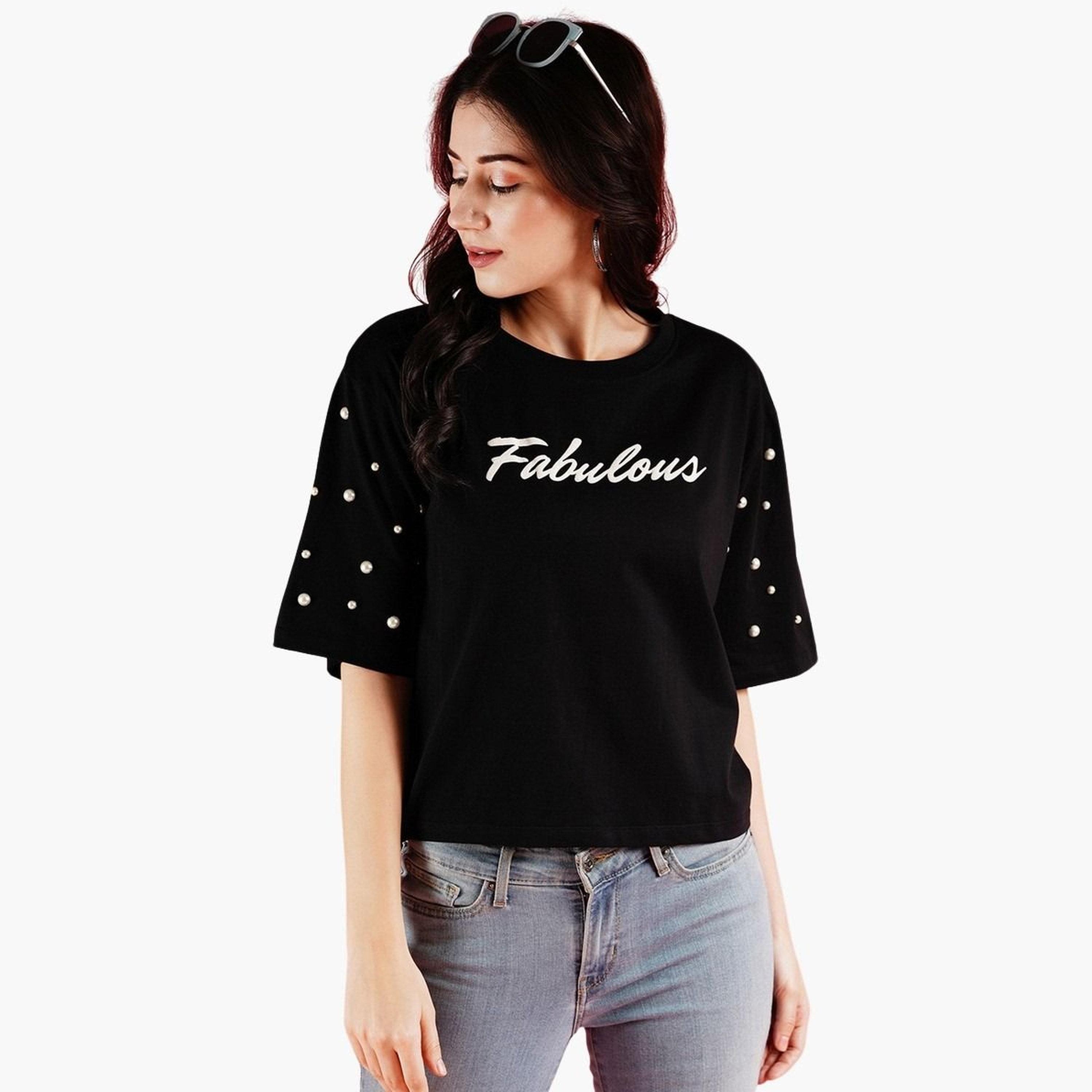 غلوبوس × ستايلي - تي شيرت أسود مرصع بشعار مطبوع للنساء-women-clothing-tshirts-image-5