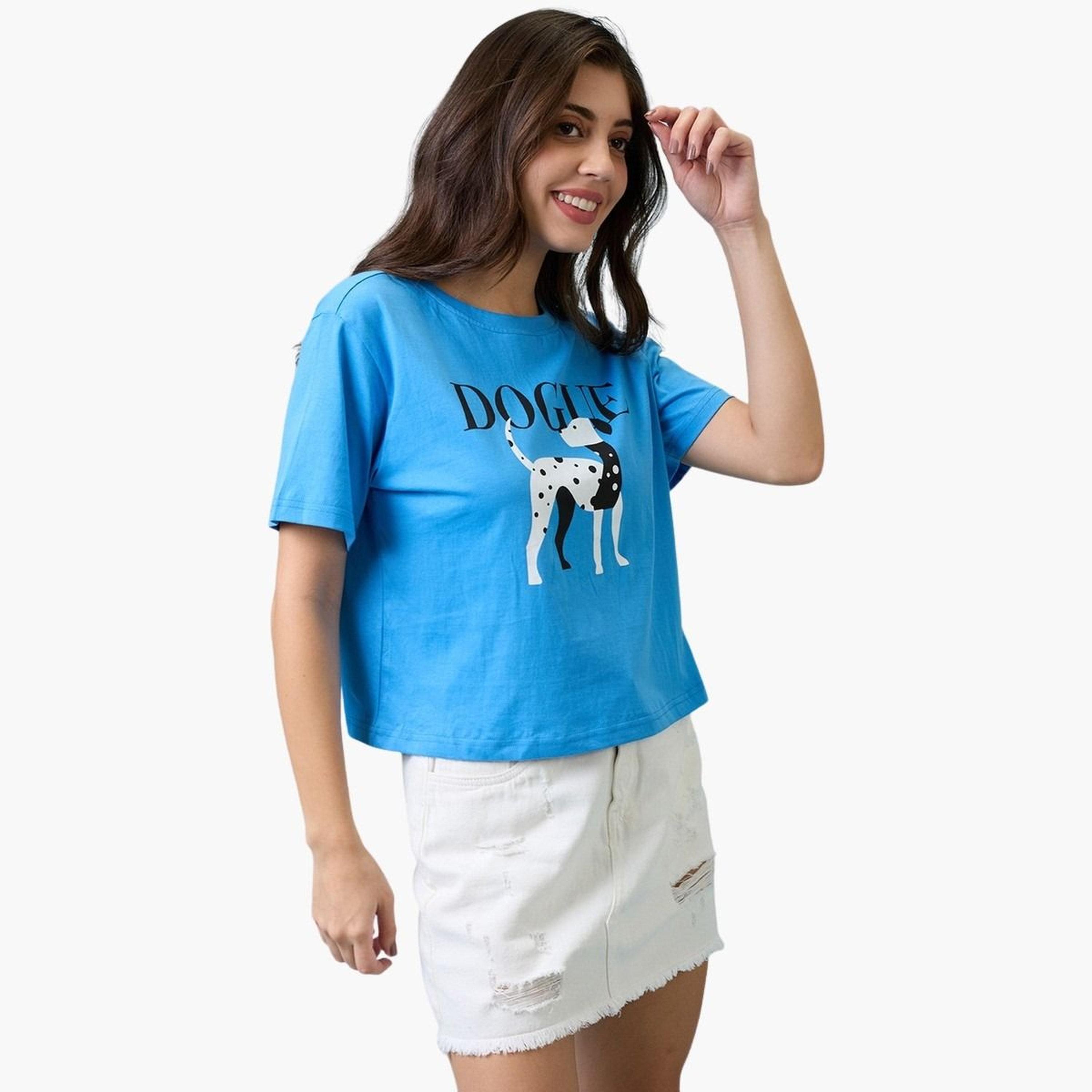 غلوبوس × ستايلي - تي شيرت قصير نقشة جرافيكية باللون الأزرق للنساء-women-clothing-tshirts-image-1