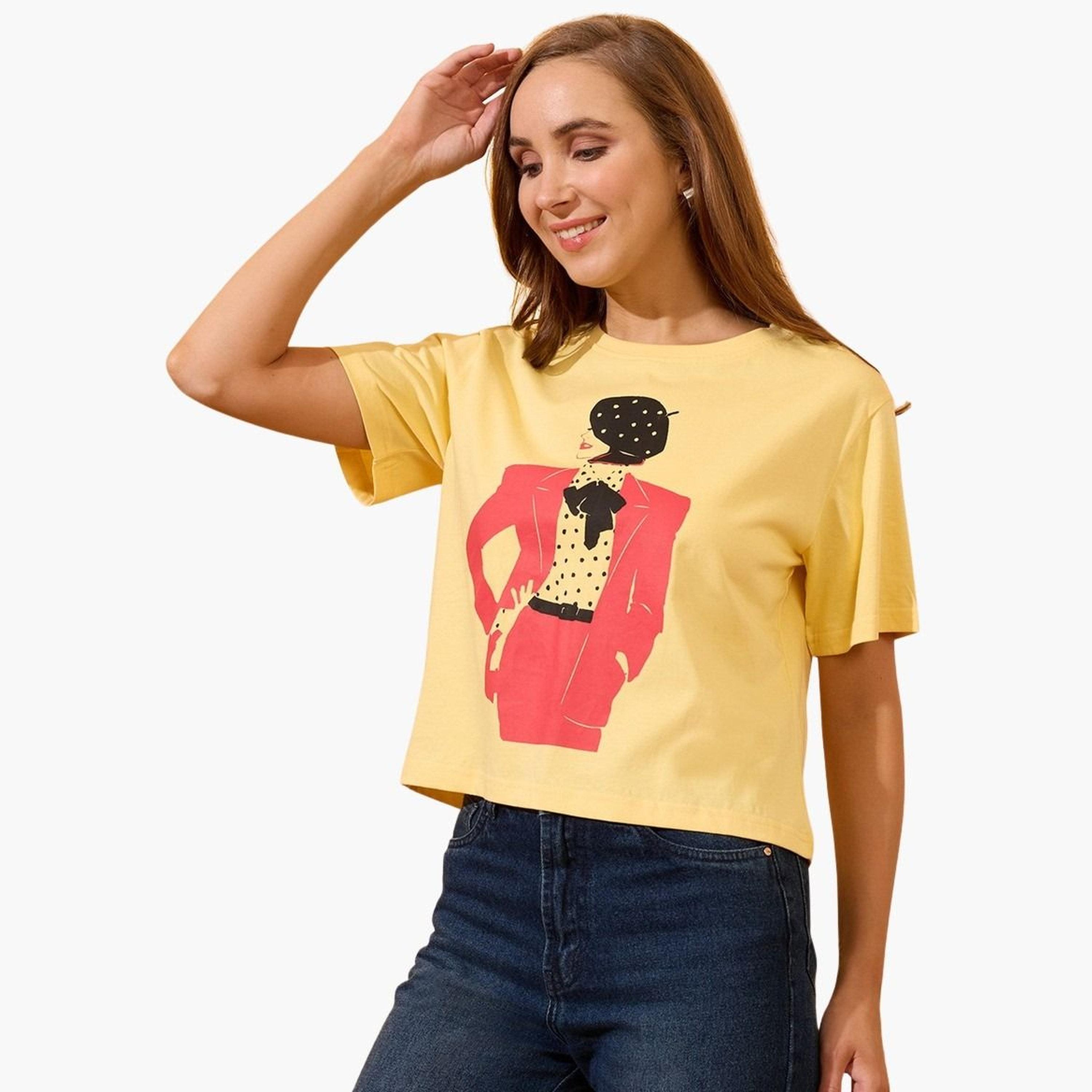 غلوبوس × ستايلي - تي شيرت أصفر نقشة جرافيكية تصميم واسع للنساء-women-clothing-tshirts-image-1