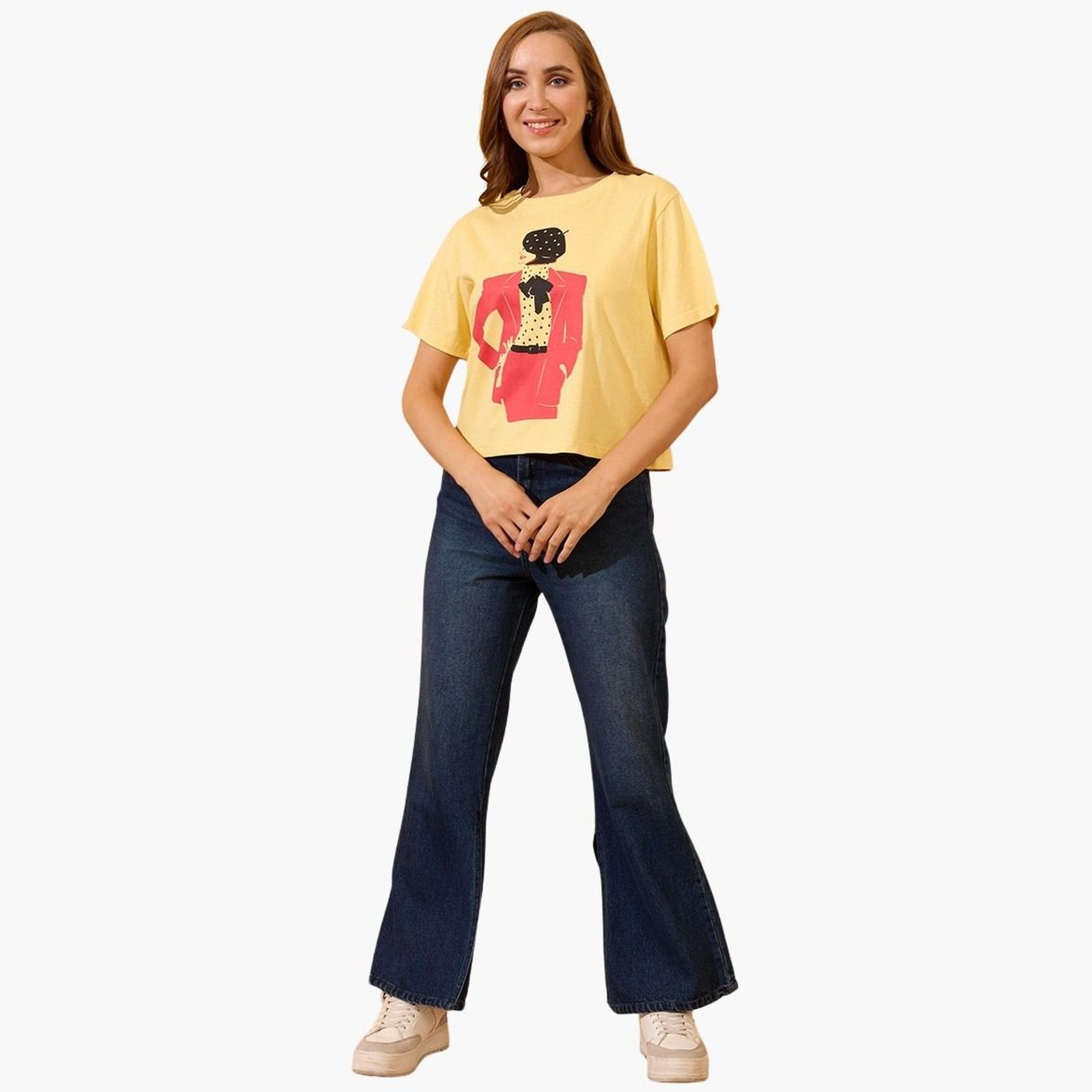 Globus X Styli Women Yellow Graphic Print Oversized Crop T-Shirt-women-clothing-tshirts-image-2