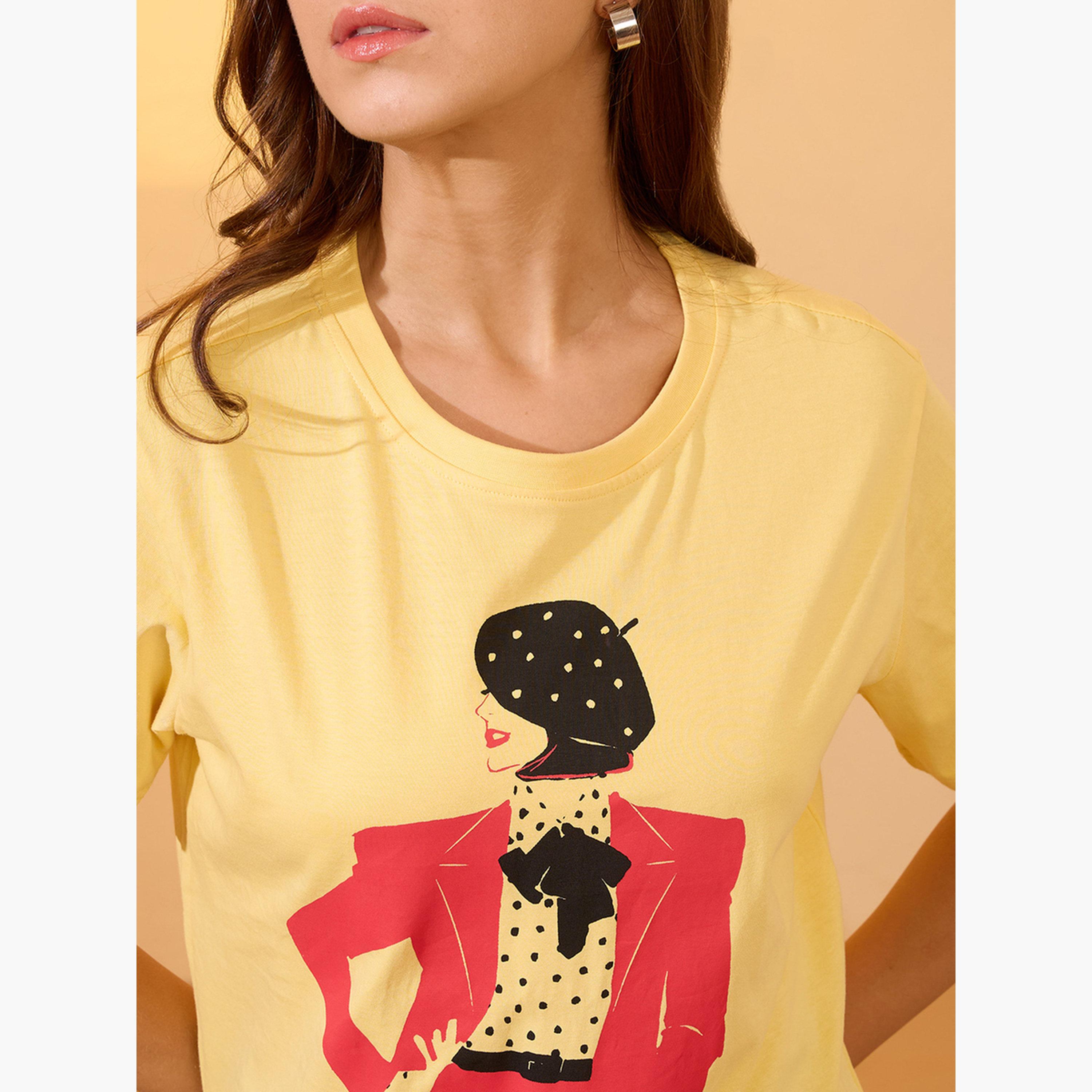 غلوبوس × ستايلي - تي شيرت أصفر نقشة جرافيكية تصميم واسع للنساء-women-clothing-tshirts-image-4