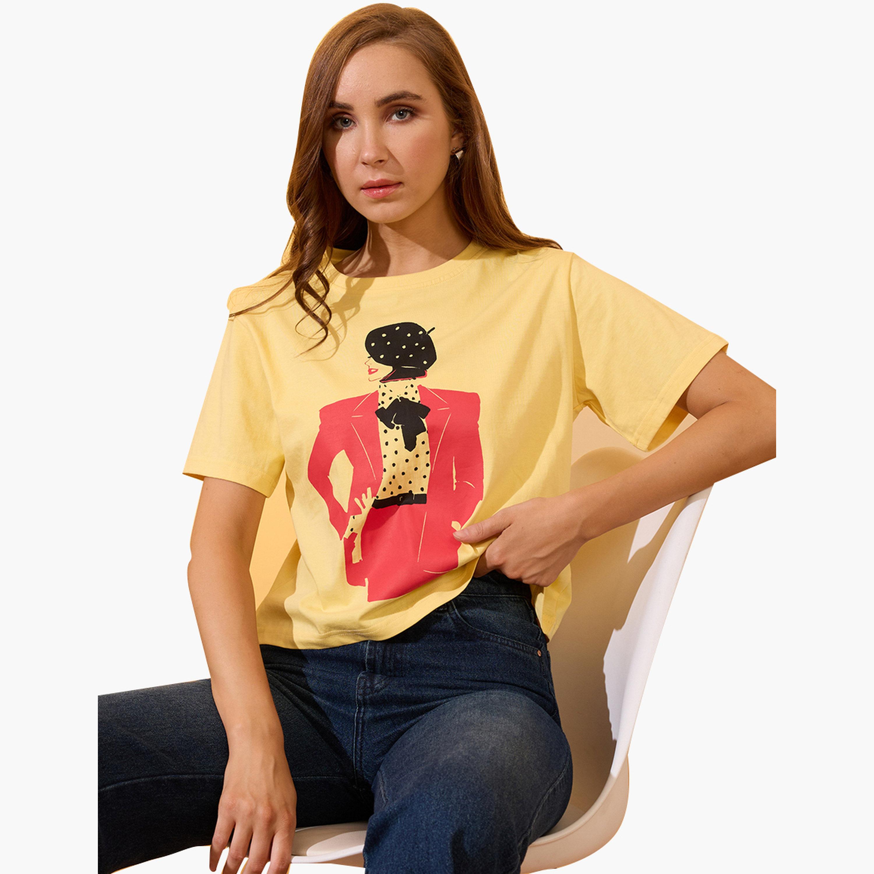 غلوبوس × ستايلي - تي شيرت أصفر نقشة جرافيكية تصميم واسع للنساء-women-clothing-tshirts-image-5