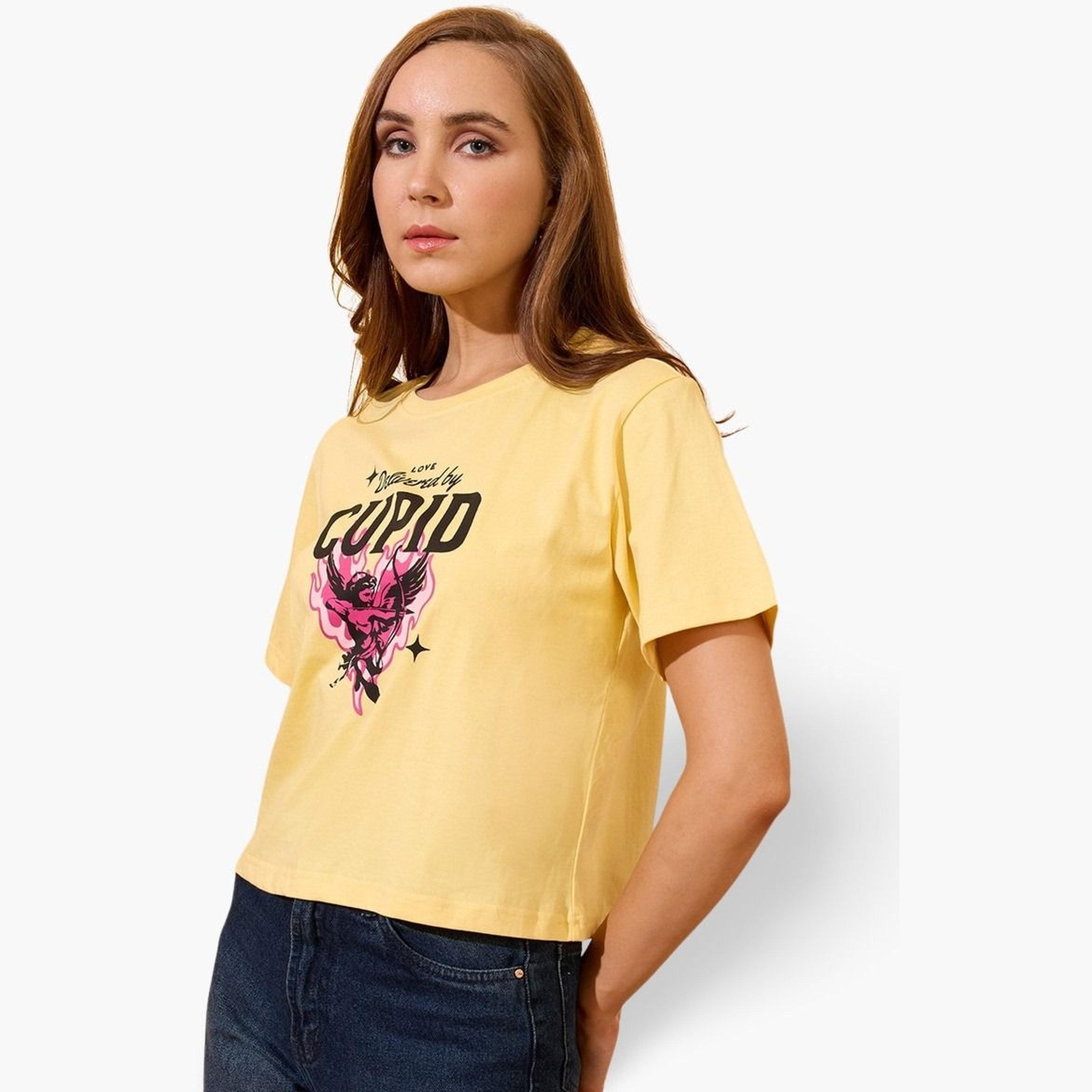 Globus X Styli Yellow Round Neck Graphic Print Oversized Crop T-Shirt-women-clothing-tshirts-image-1