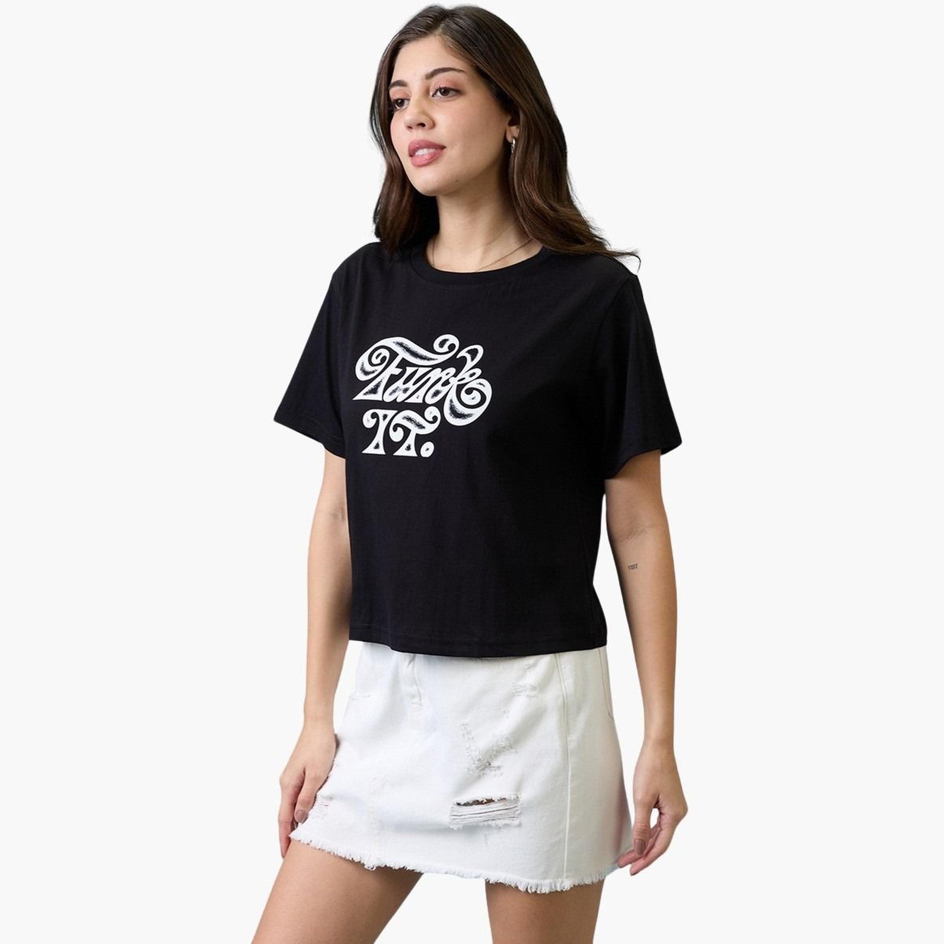 Globus X Styli Women Black Graphic Print Round Neck Oversized T Shirt-women-clothing-tshirts-image-1