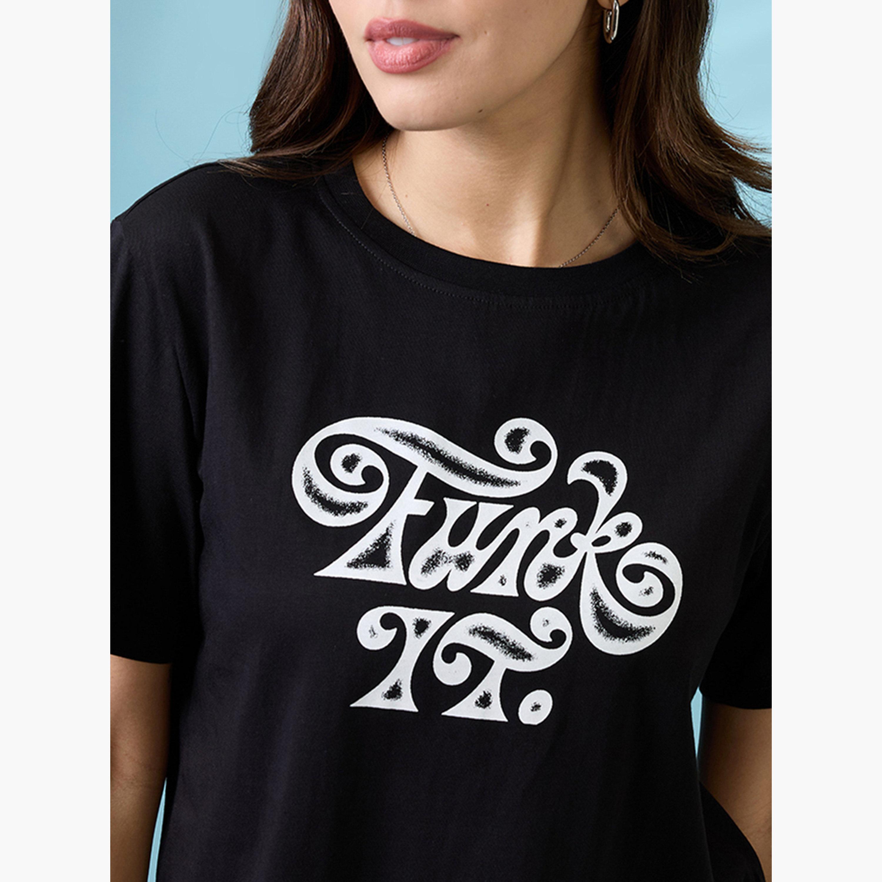 غلوبوس × ستايلي - تي شيرت أسود تصميم واسع برقبة دائرية وطبعة جرافيكية للنساء-women-clothing-tshirts-image-4