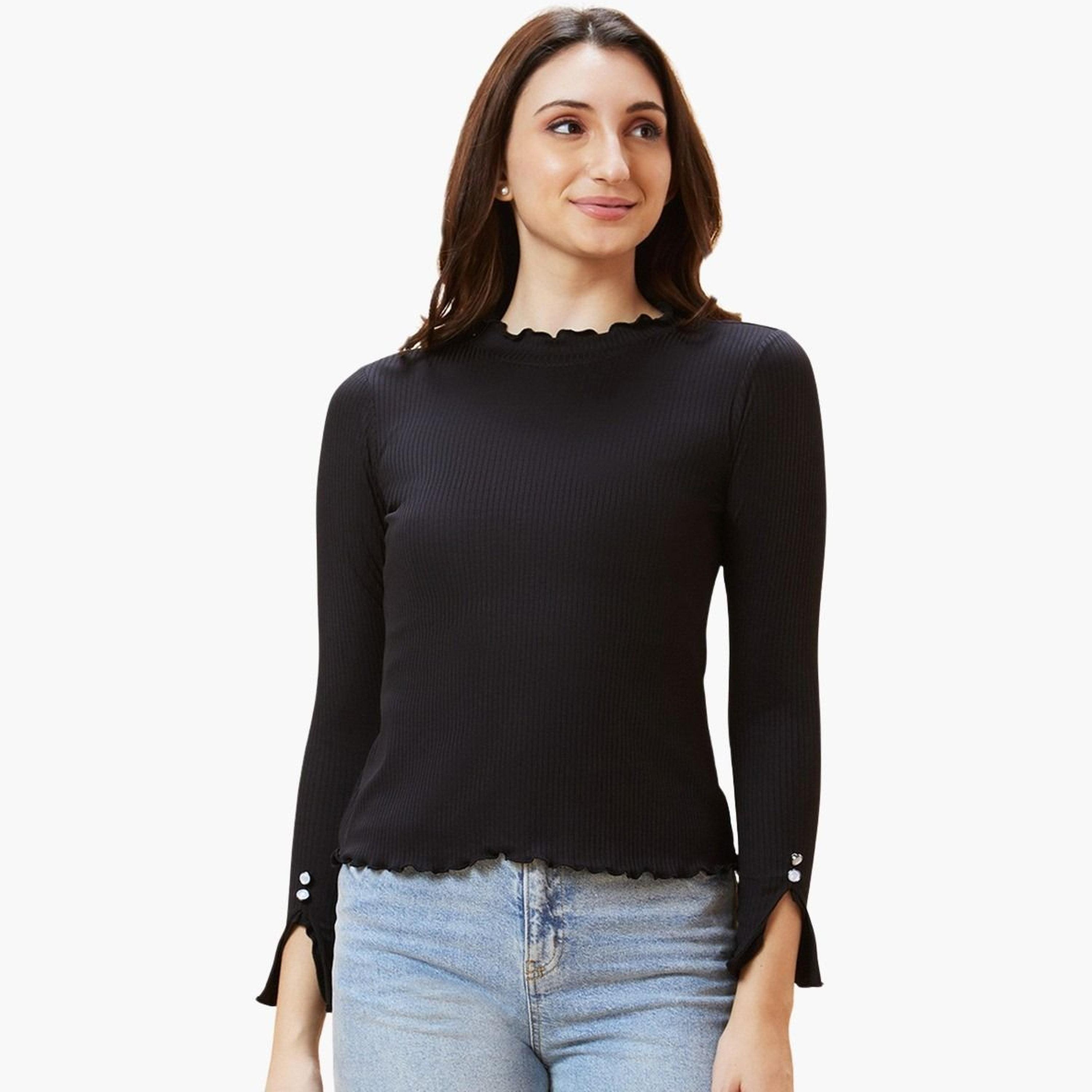 غلوبوس × ستايلي - الجزء العلوي من حافة الخس المضلعة باللون الأسود للنساء-women-clothing-tshirts-image-1