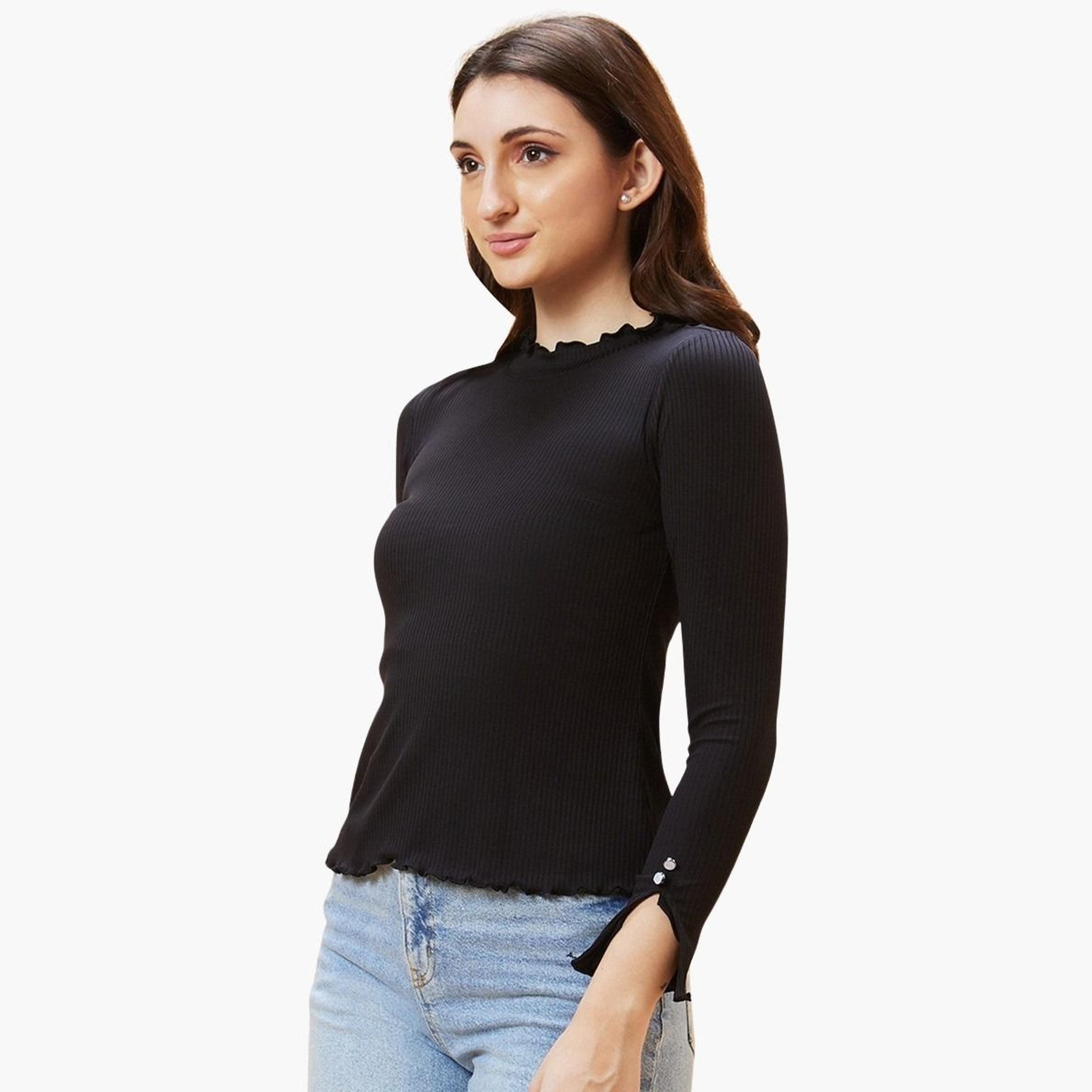غلوبوس × ستايلي - الجزء العلوي من حافة الخس المضلعة باللون الأسود للنساء-women-clothing-tshirts-image-3