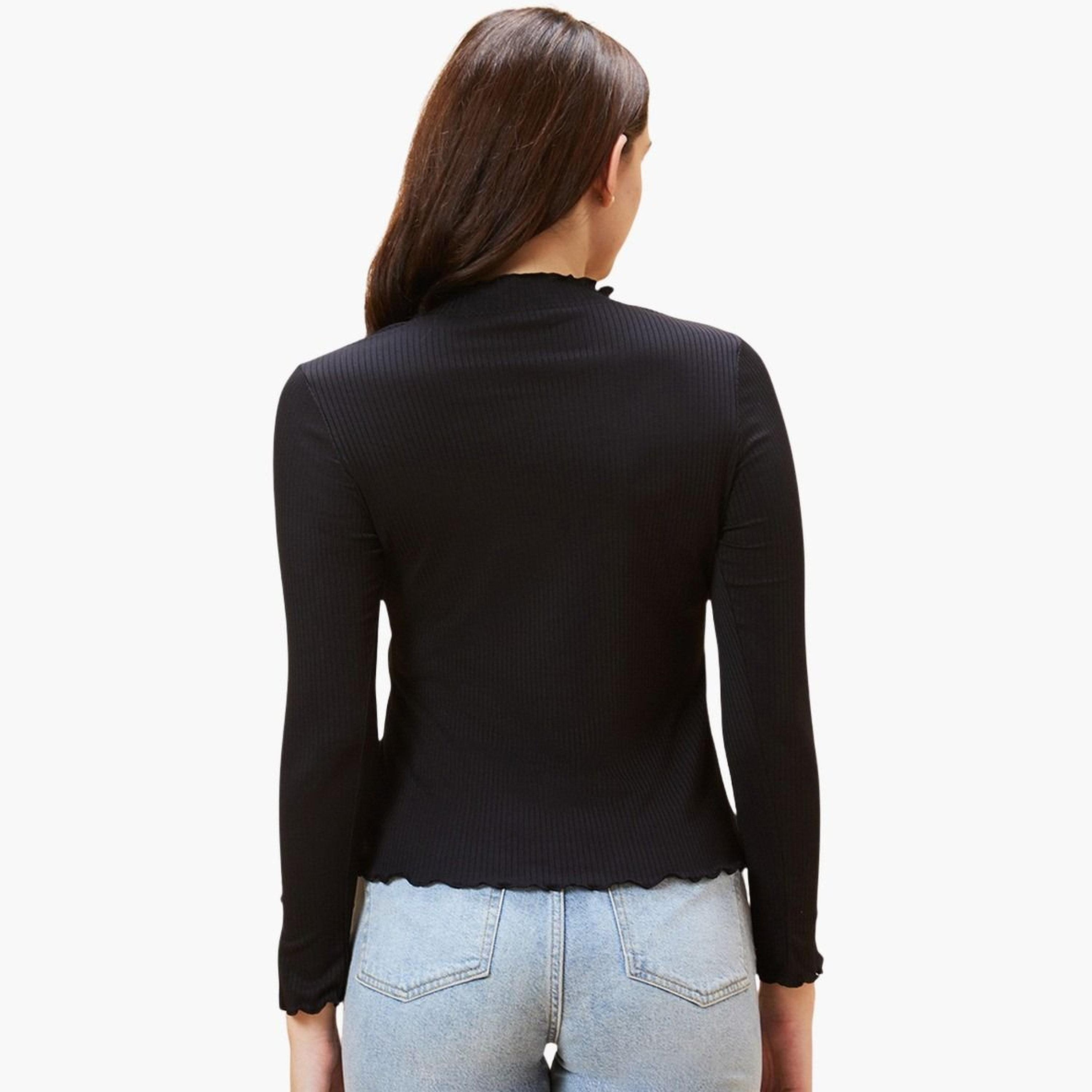 Globus X Styli Women Black Solid Ribbed Lettuce Edge Top-women-clothing-tshirts-image-4