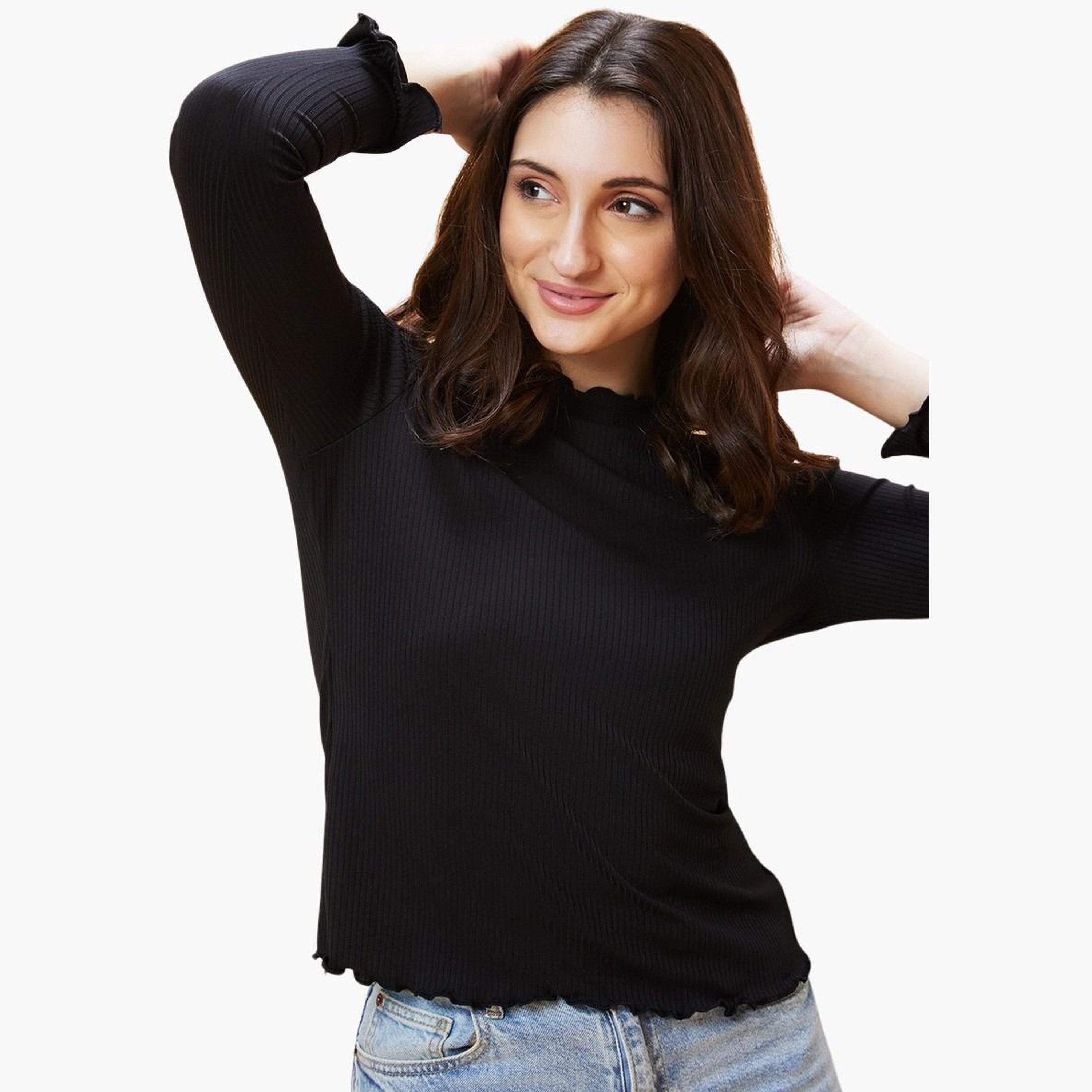 غلوبوس × ستايلي - الجزء العلوي من حافة الخس المضلعة باللون الأسود للنساء-women-clothing-tshirts-image-6