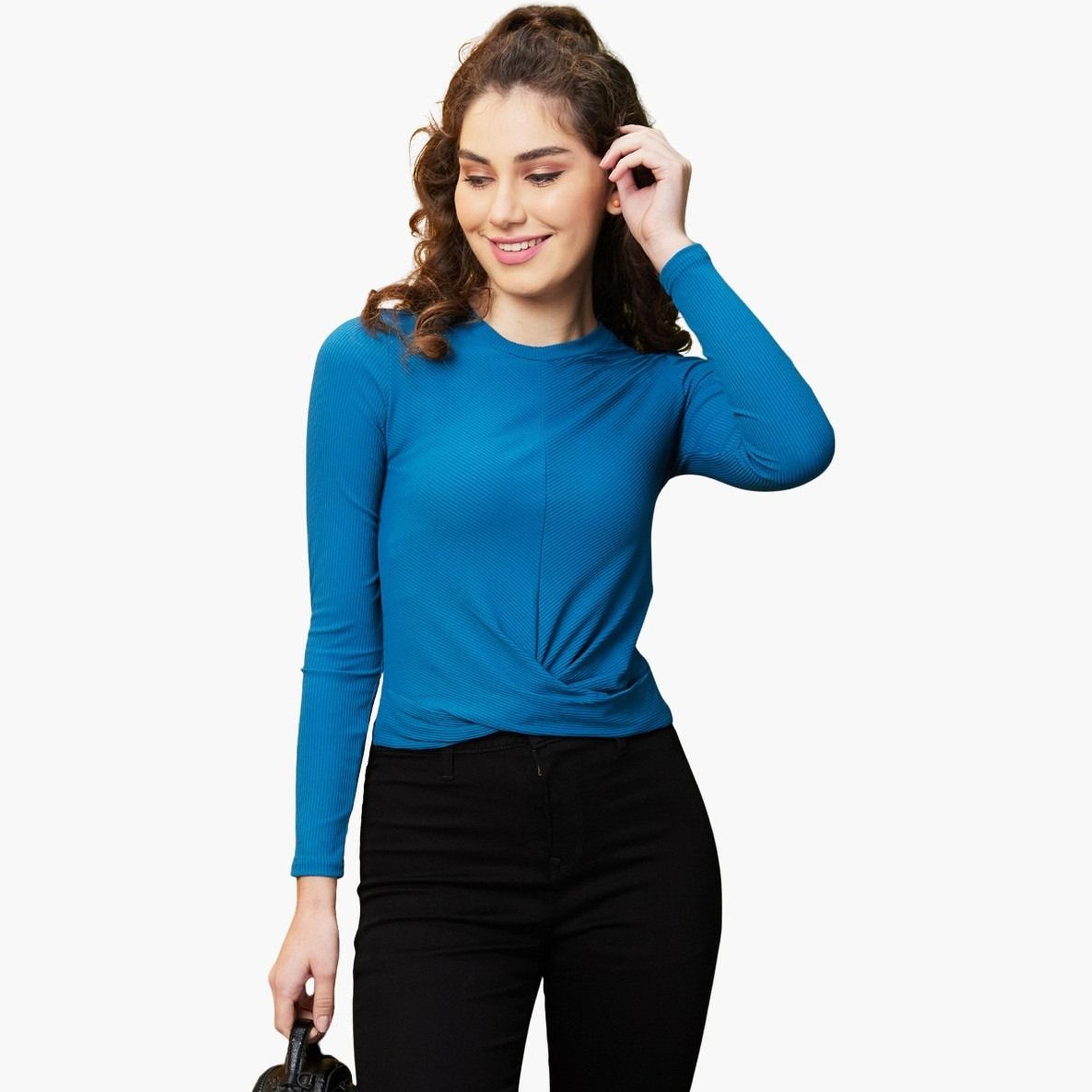 غلوبوس × ستايلي - بلوزة ملتوية لون أخضر مزرق للنساء-women-clothing-tshirts-image-1