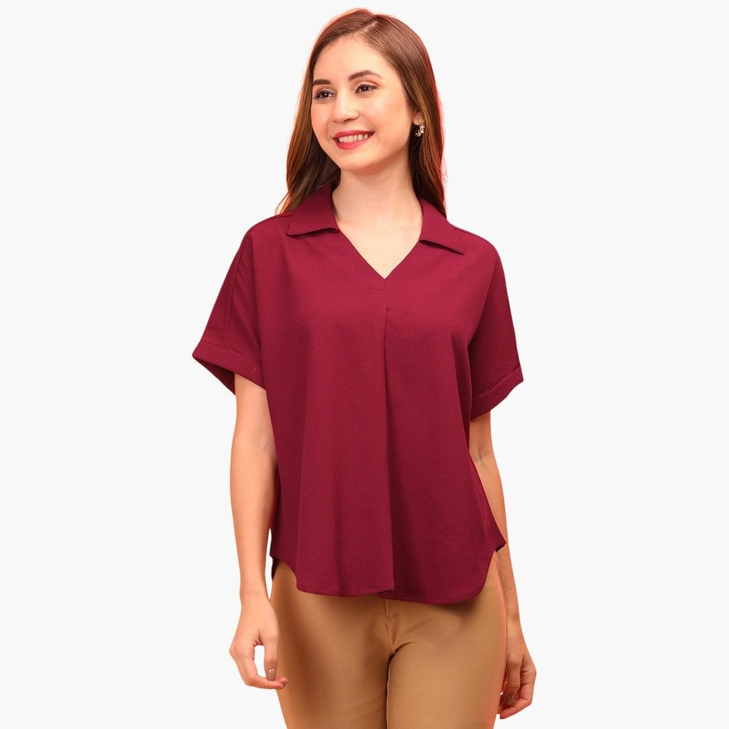 غلوبوس × ستايلي - قميص كستنائي اللون بياقة قميص وفتحة رقبة على شكل حرف V للنساء-women-clothing-shirtsandblouses-shirts-image-1