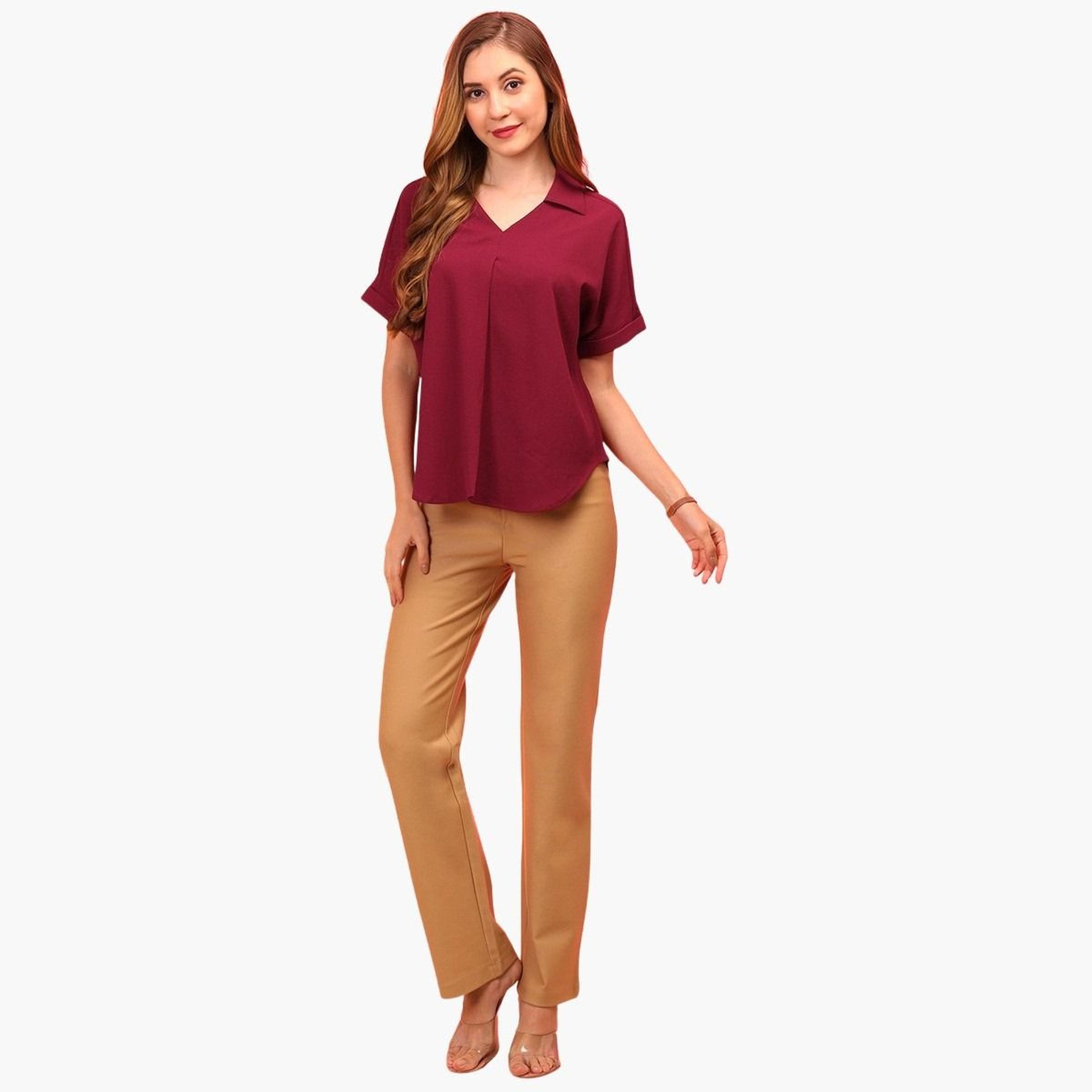 غلوبوس × ستايلي - قميص كستنائي اللون بياقة قميص وفتحة رقبة على شكل حرف V للنساء-women-clothing-shirtsandblouses-shirts-image-2