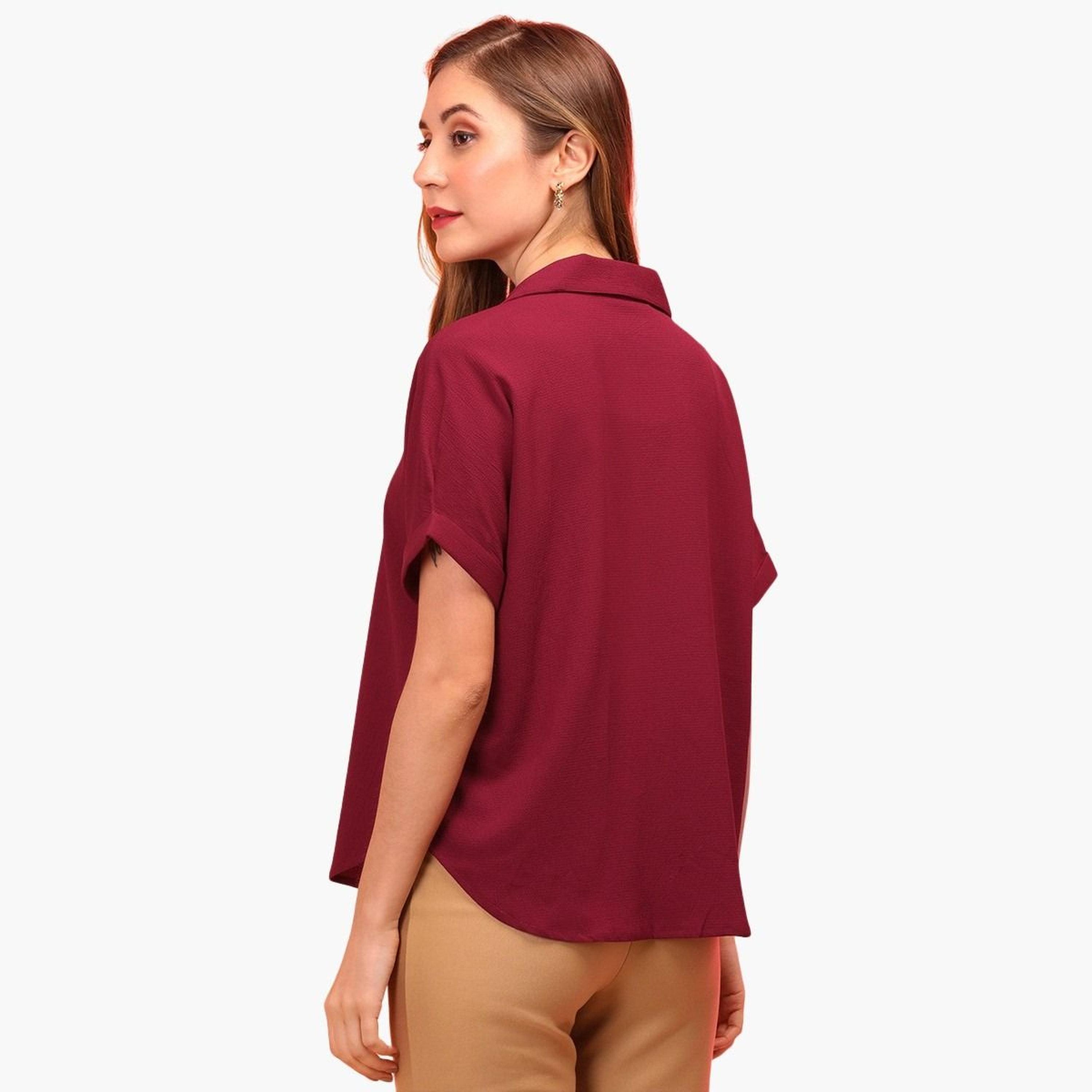 غلوبوس × ستايلي - قميص كستنائي اللون بياقة قميص وفتحة رقبة على شكل حرف V للنساء-women-clothing-shirtsandblouses-shirts-image-3