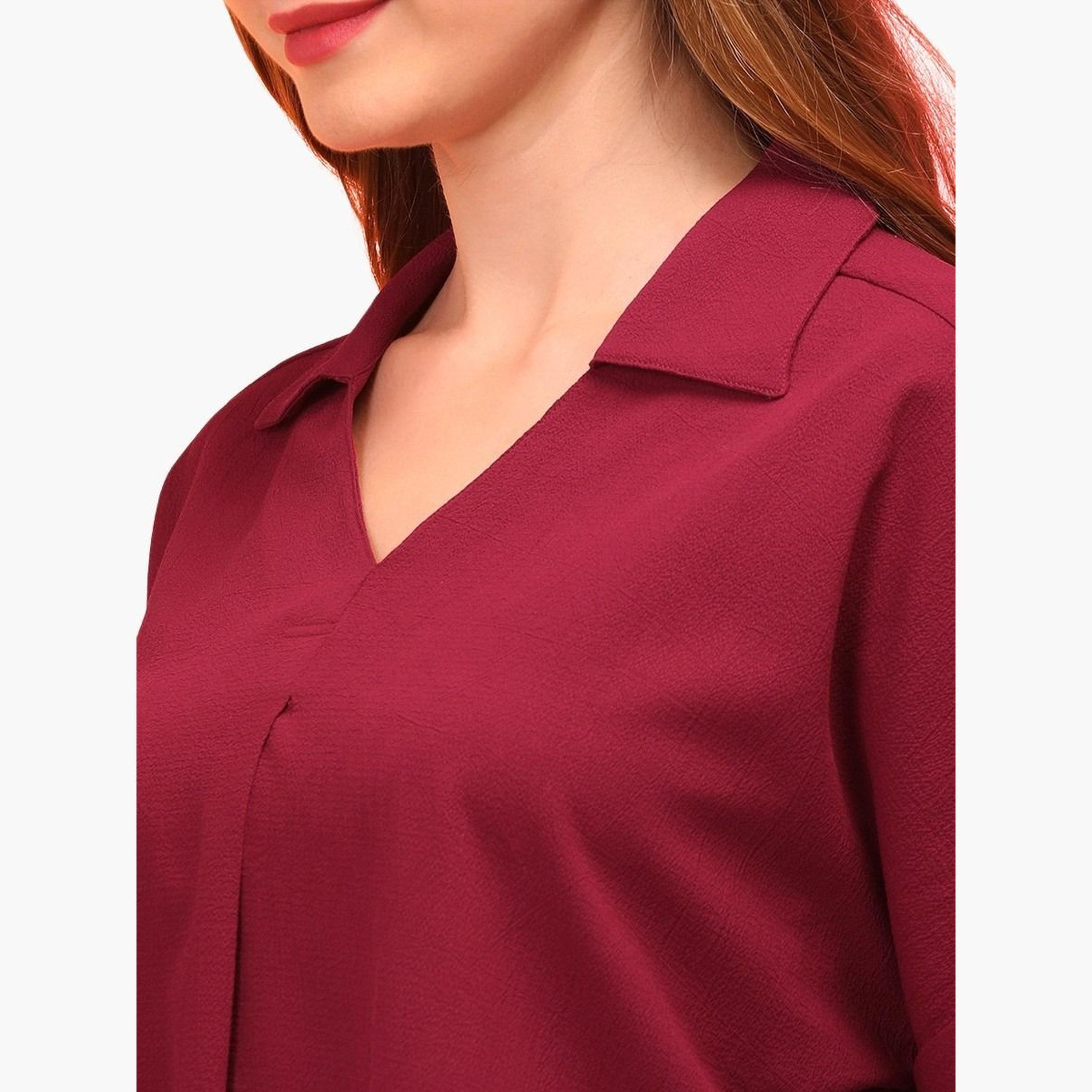 غلوبوس × ستايلي - قميص كستنائي اللون بياقة قميص وفتحة رقبة على شكل حرف V للنساء-women-clothing-shirtsandblouses-shirts-image-4